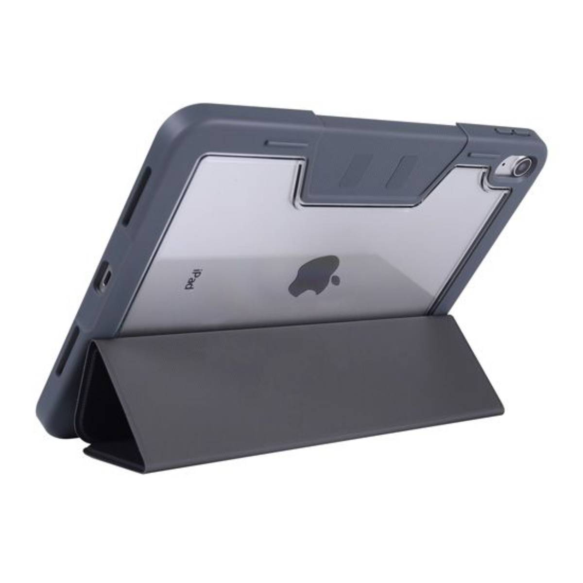 Tablet nella custodia. Grigio. Supporto. Logo Apple. Supporto grigio.