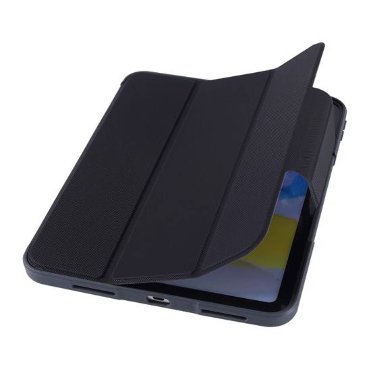 Custodia nera per iPad con la cover parzialmente aperta. Mostra lo schermo e il suo design.