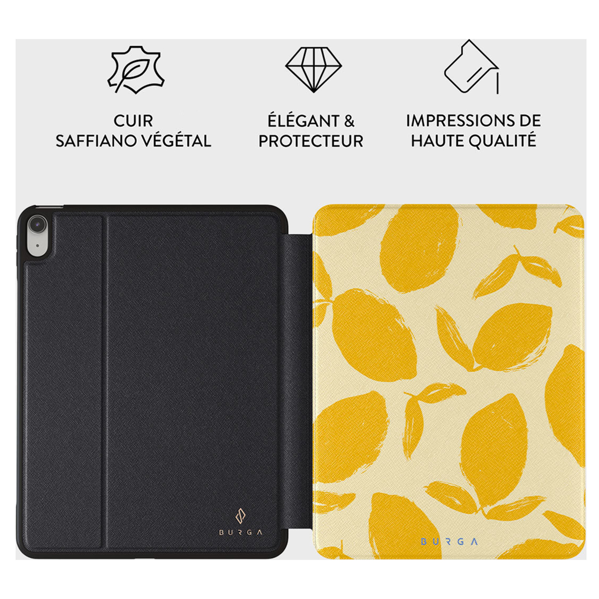 Black and yellow tablet case open, yellow lemon pattern on one side, black leather on the other.