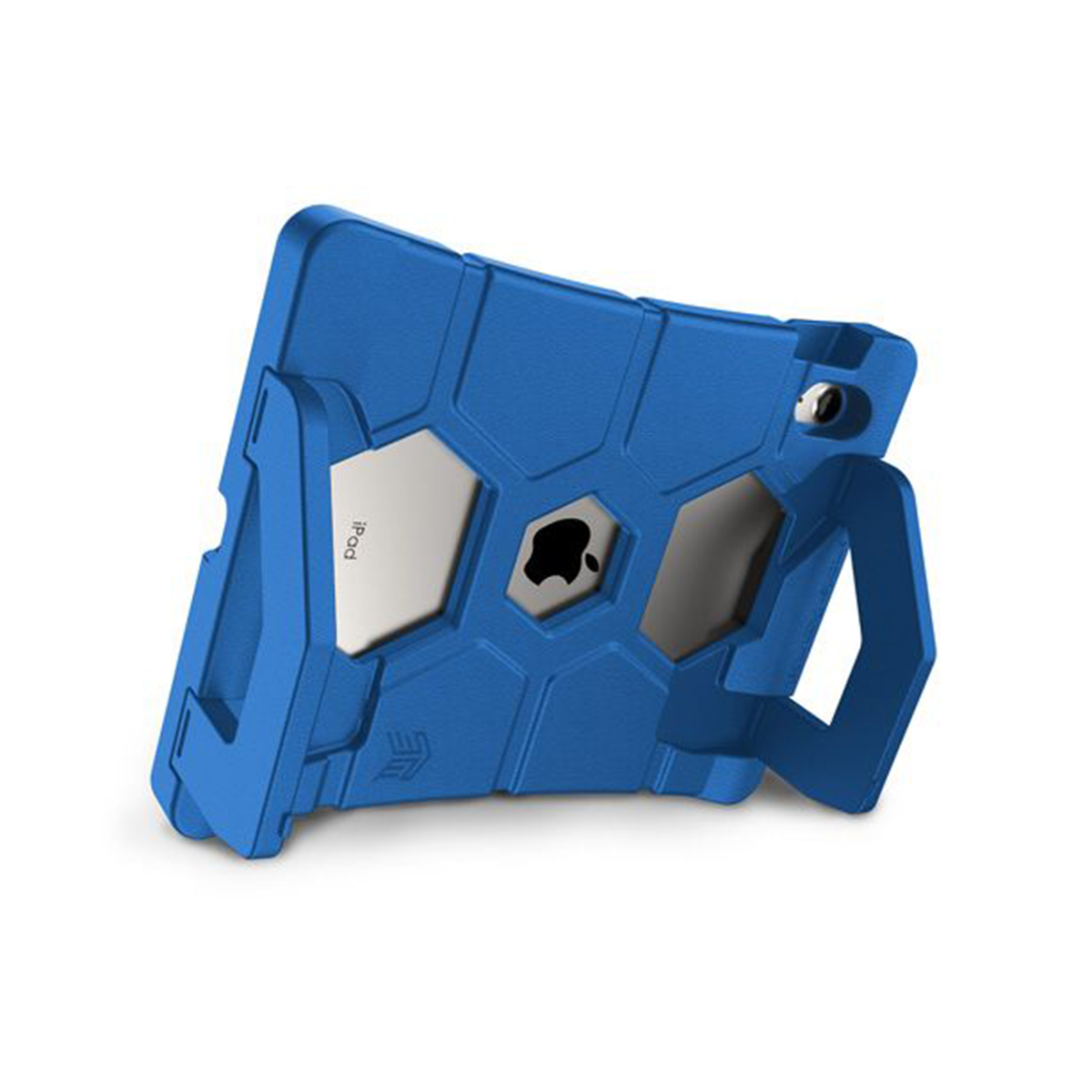 Custodia per tablet blu e grigia, con il logo Apple visibile.