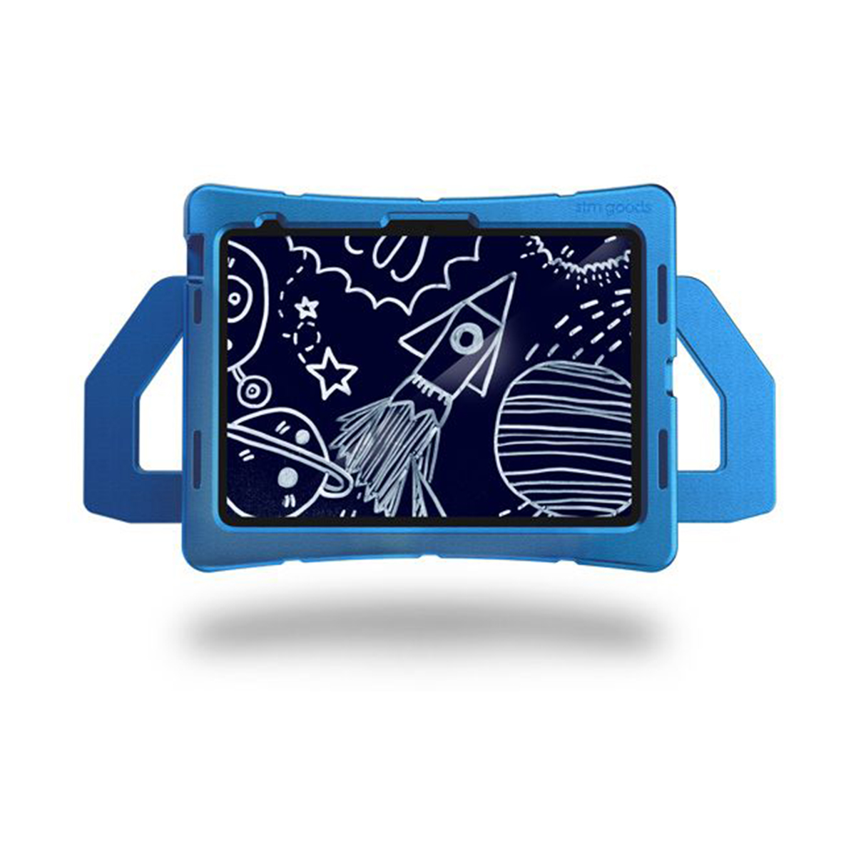 Un iPad in una custodia blu con un disegno di un razzo e pianeti sullo schermo.