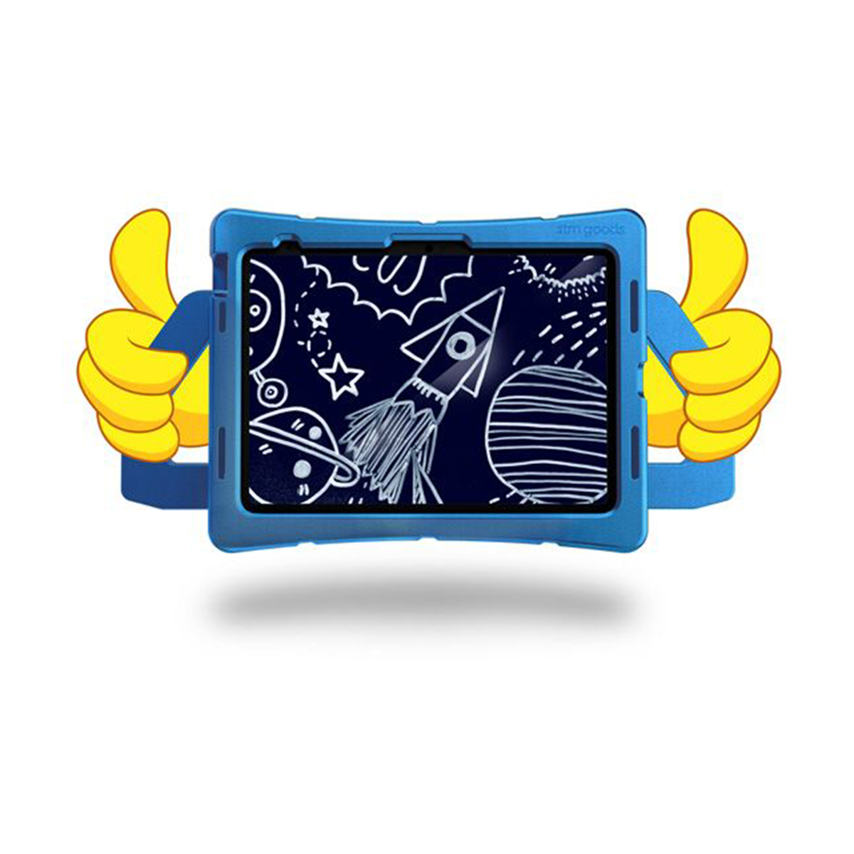 iPad in una custodia blu con disegni dello spazio e un razzo.  Mani con pollice in su sui lati.