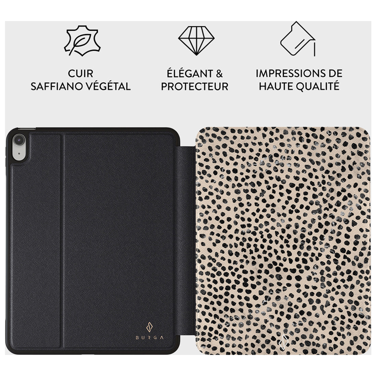 iPad in een zwarte en luipaardprint hoes. Tekst luidt: Saffiano plantaardig leer en elegant.