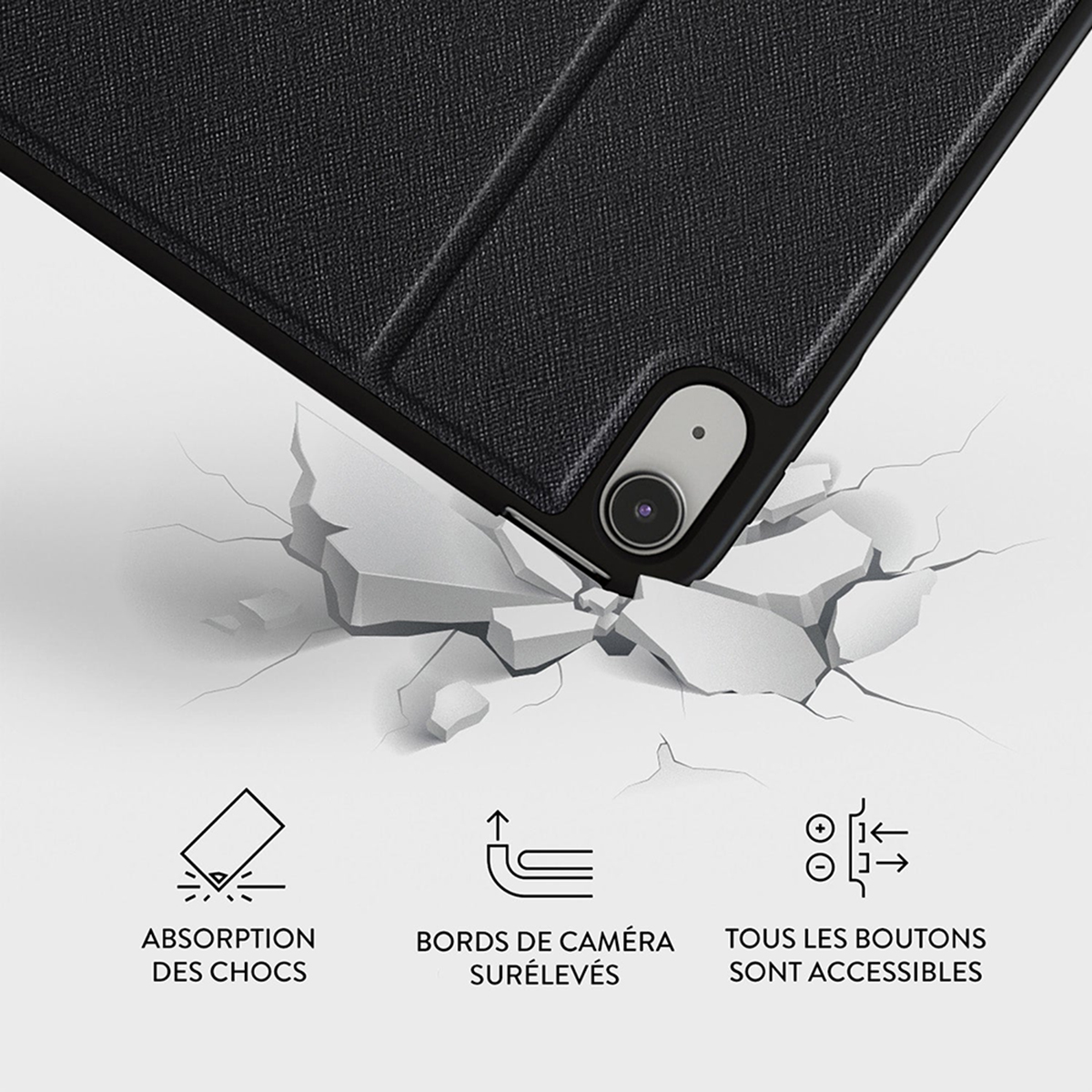 Zwarte tabletcase op witte achtergrond. Details: schokabsorptie, verhoogde cameraran, toegankelijke knoppen.