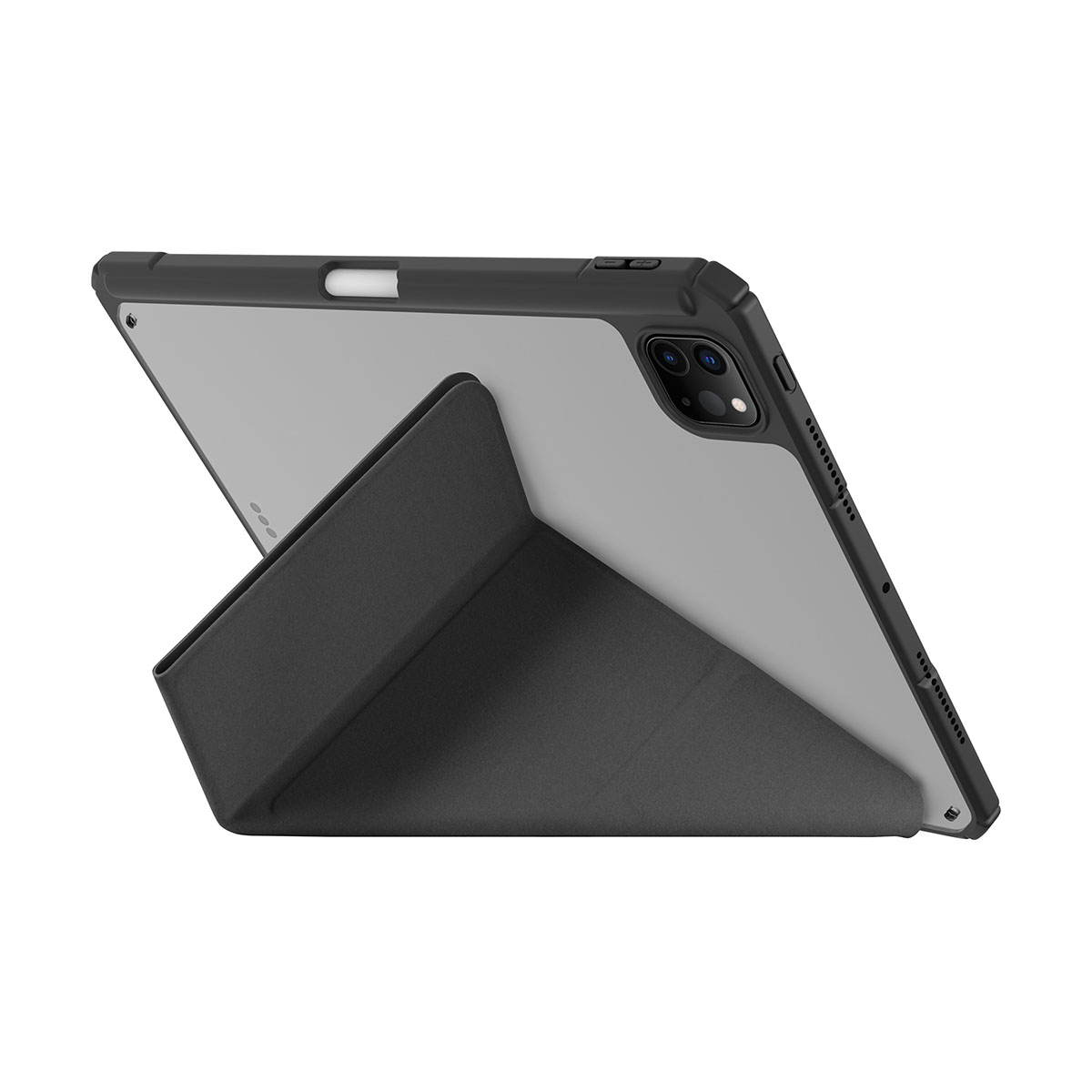 Custodia iPad nera con supporto. L'iPad è in una custodia protettiva, angolata.