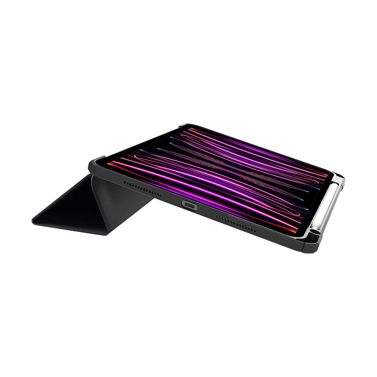 Tablet con custodia nera e display con linee viola. Custodia aperta su sfondo bianco.