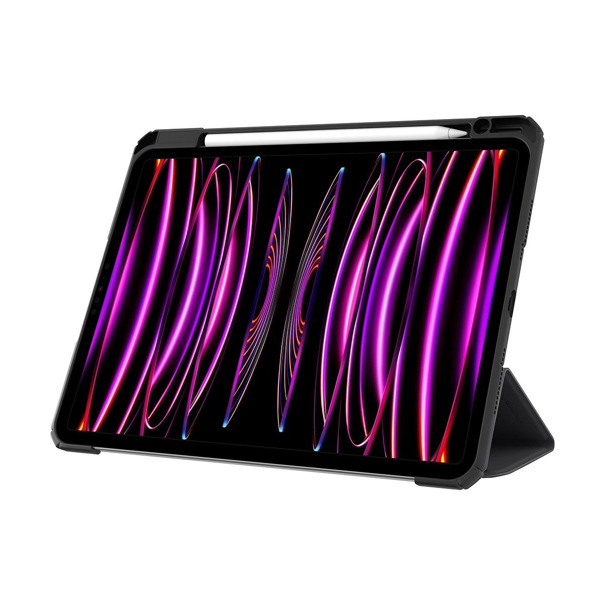 iPad in custodia, puntellato con display schermo rosa e viola vibrante.