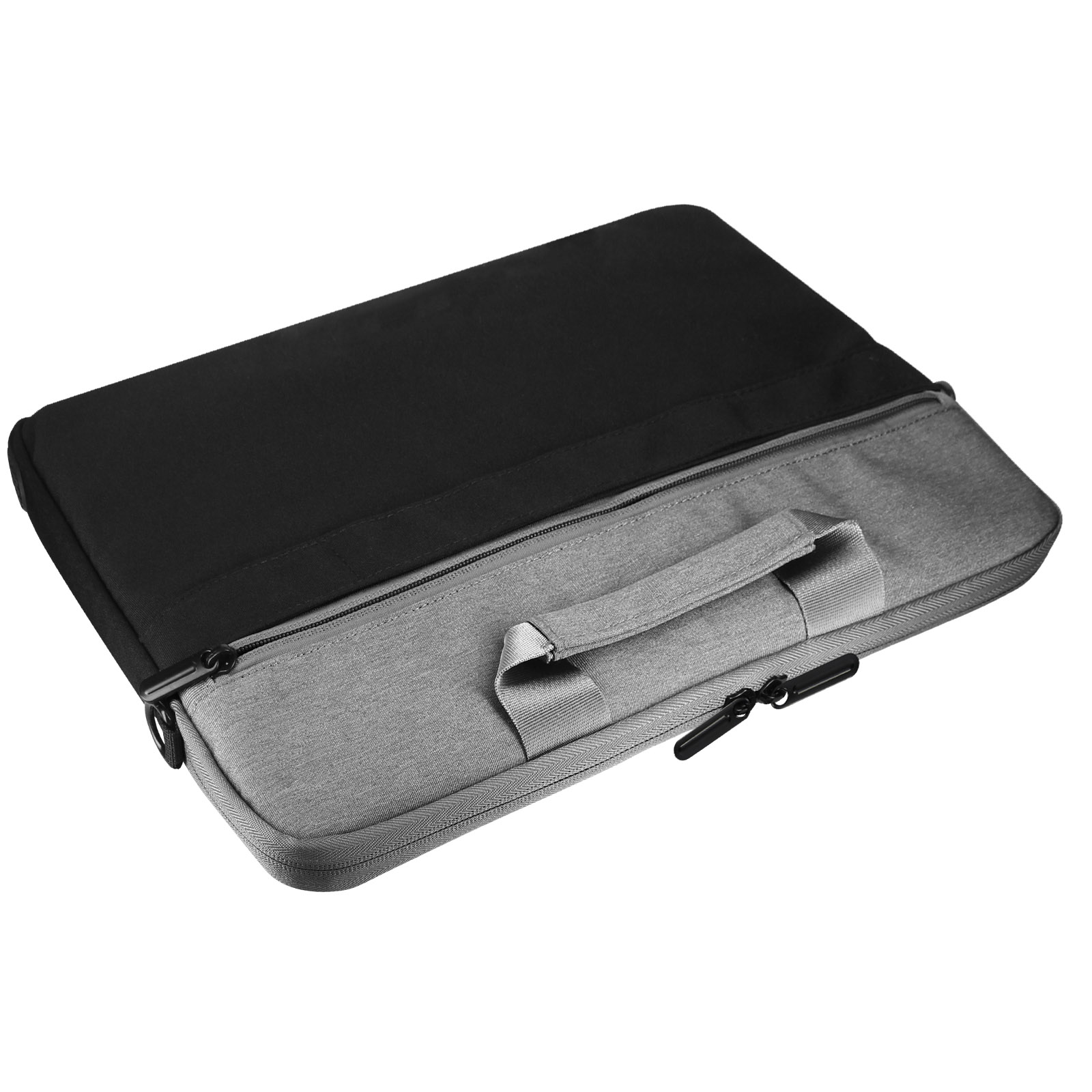 Custodia per laptop nera e grigia con manico. Sfondo bianco.
