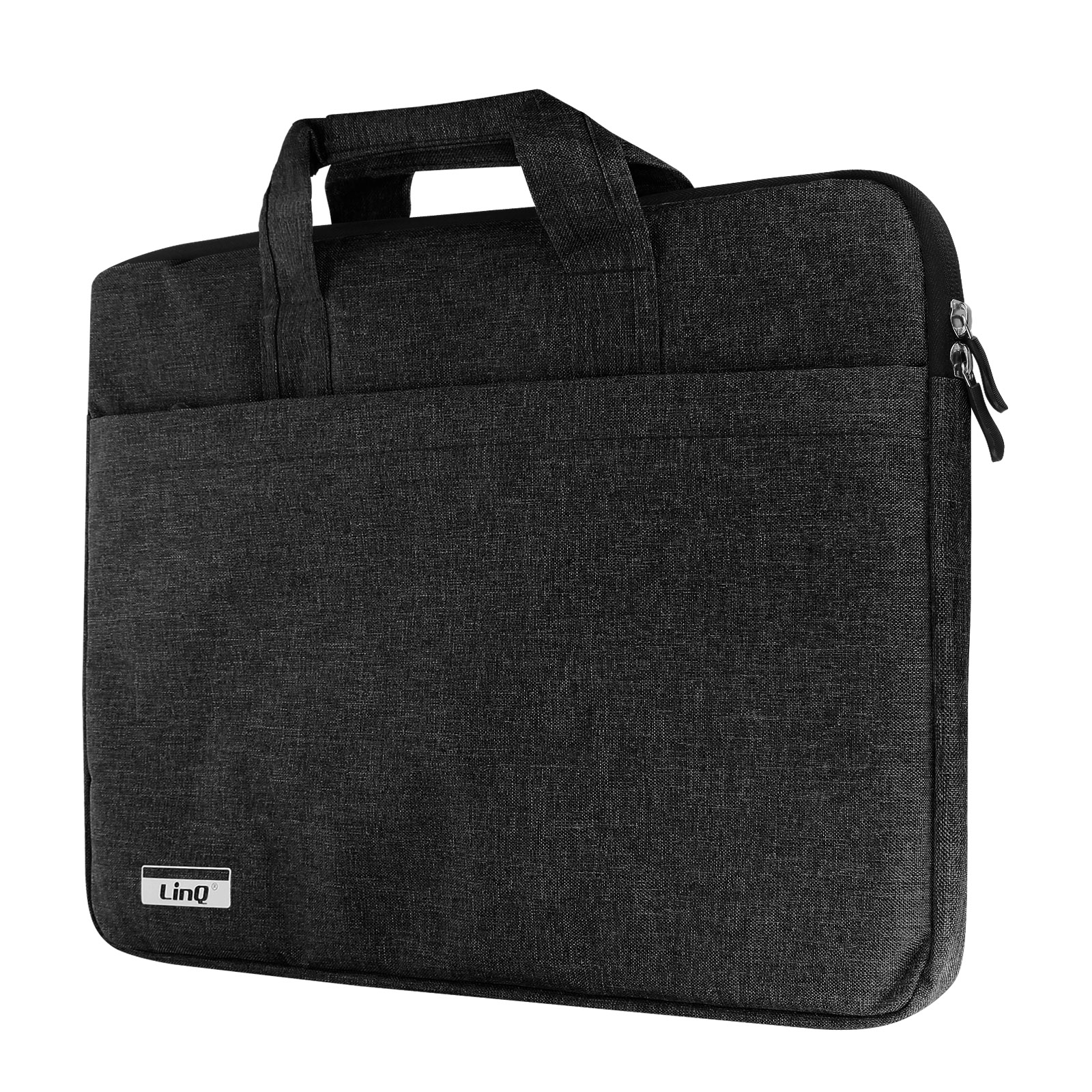 Bolsa negra para tablet, asas y bolsillo frontal visibles.