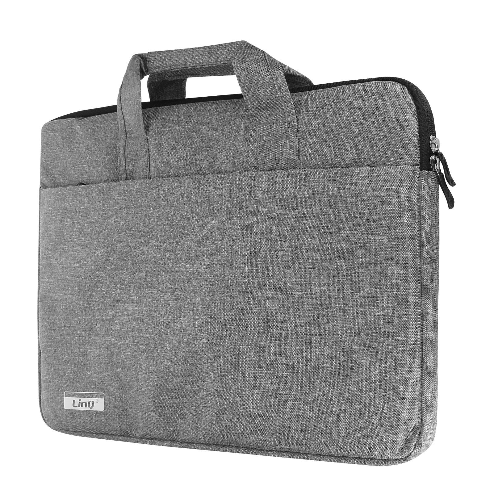 Graue Laptoptasche. Hat einen Griff und eine Tasche. Schwarzer Reißverschluss.
