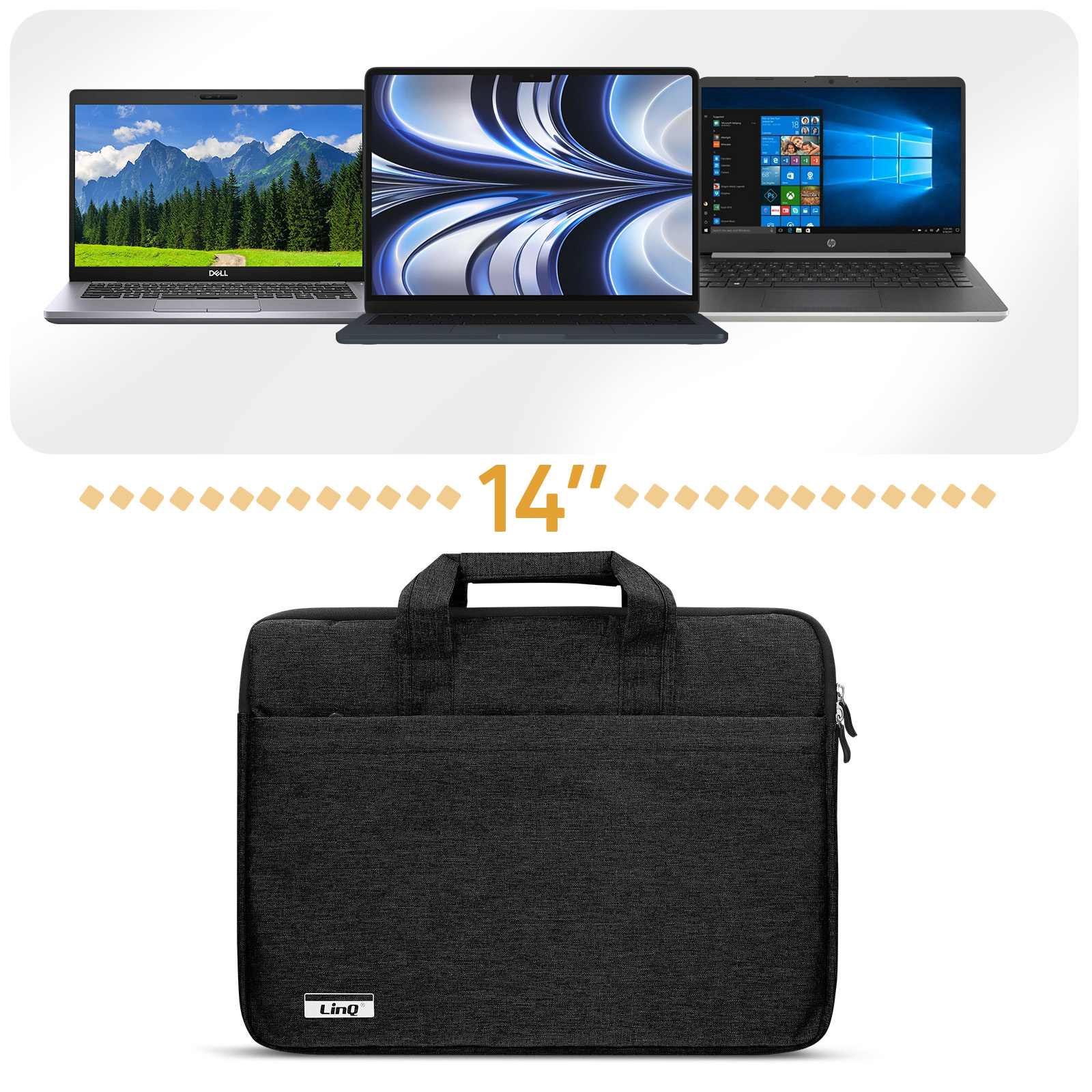 Tres portátiles y una bolsa de 14", con línea amarilla. Fondo blanco.
