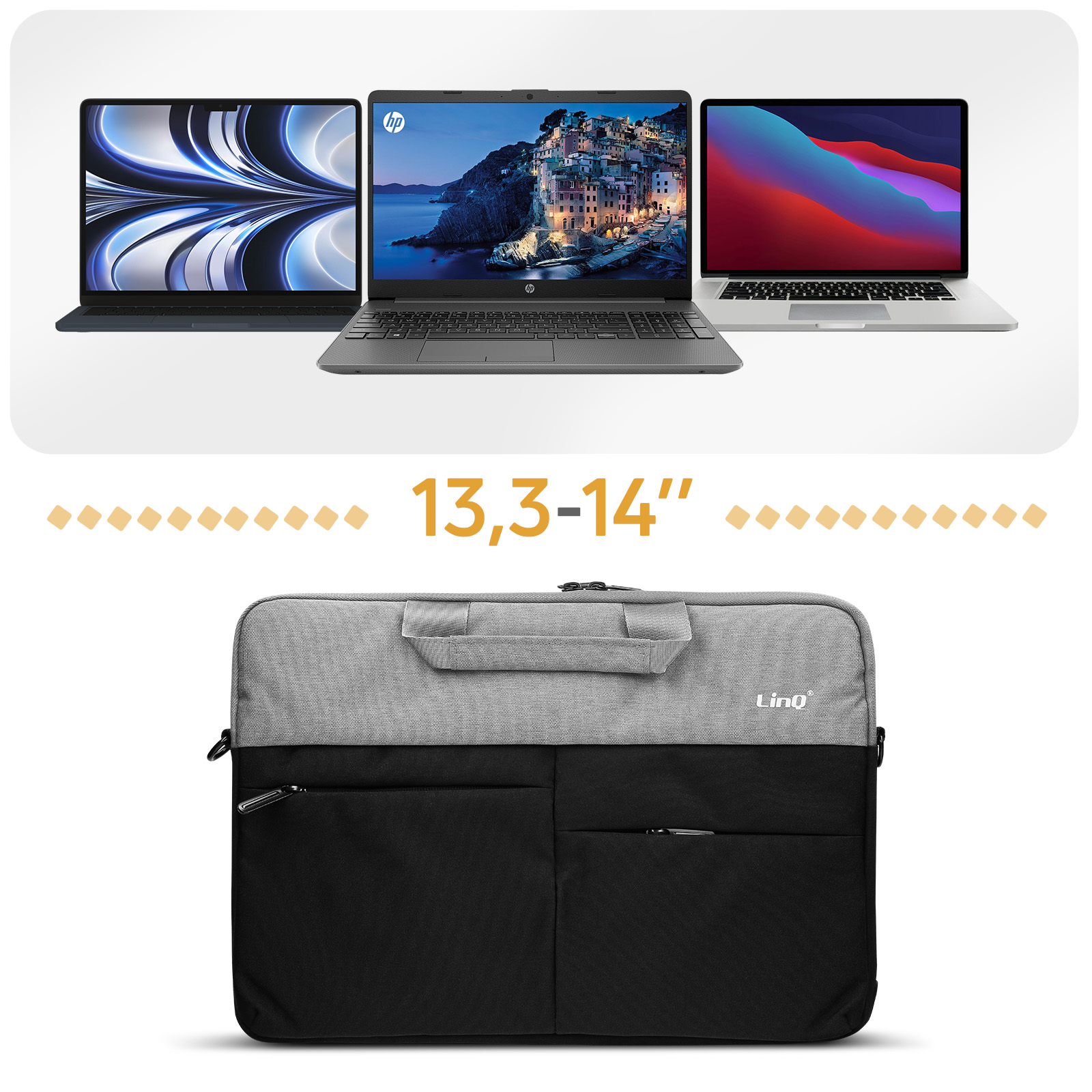 Borsa per laptop con laptop sopra. Una borsa, tre laptop. Il testo recita 13,3-14".