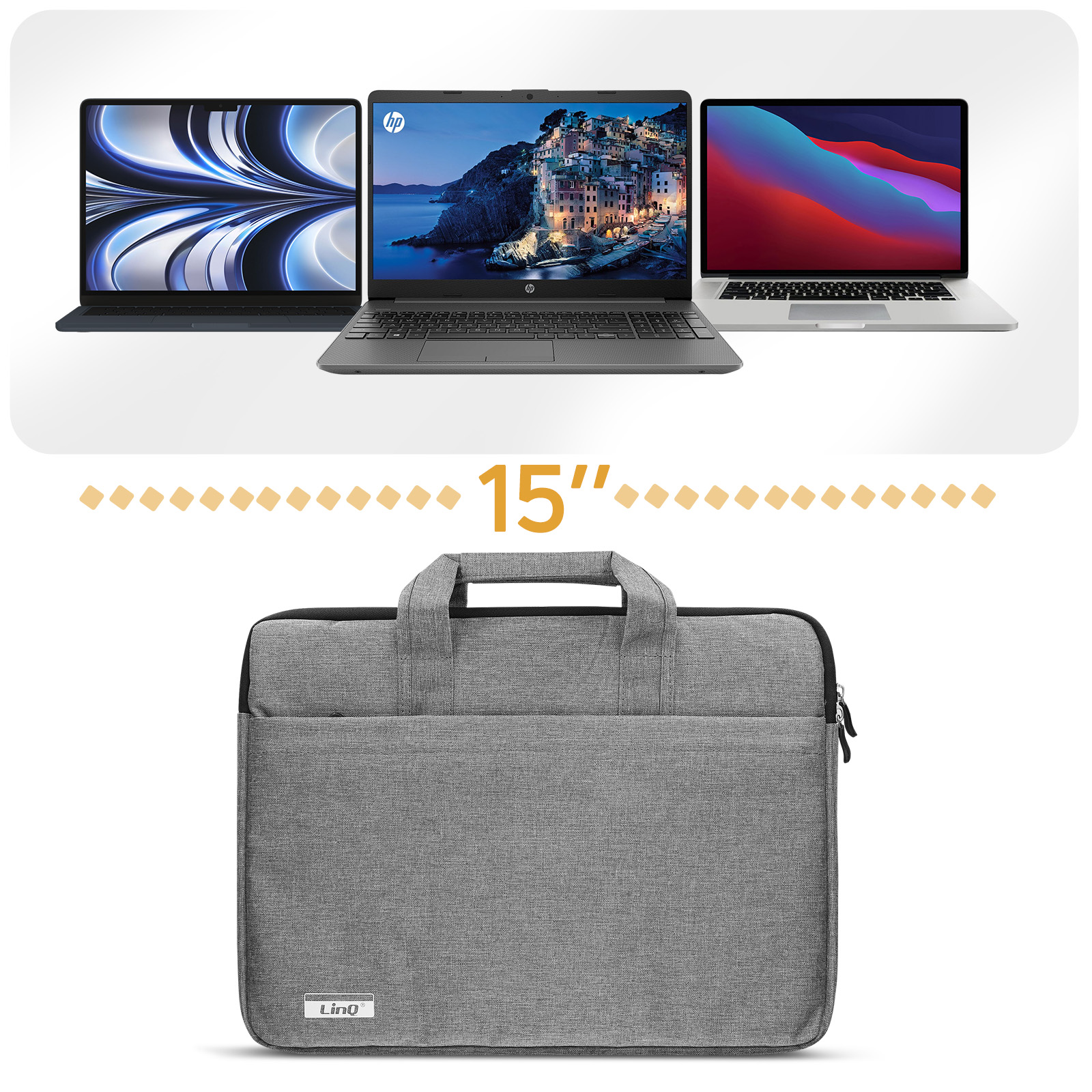 Laptoptasche, 3 Laptops. Graue Tasche mit Griff, schwarze Laptops. Weißer Hintergrund.