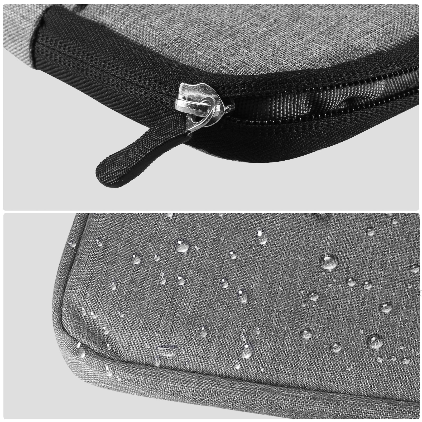 Nahaufnahme von Taschendetails, Reißverschluss und Wassertropfen.