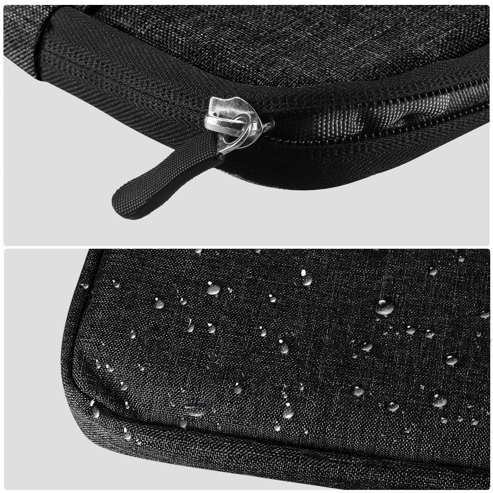 Primer plano de una bolsa negra, mostrando la cremallera y gotas de agua. La bolsa tiene textura.