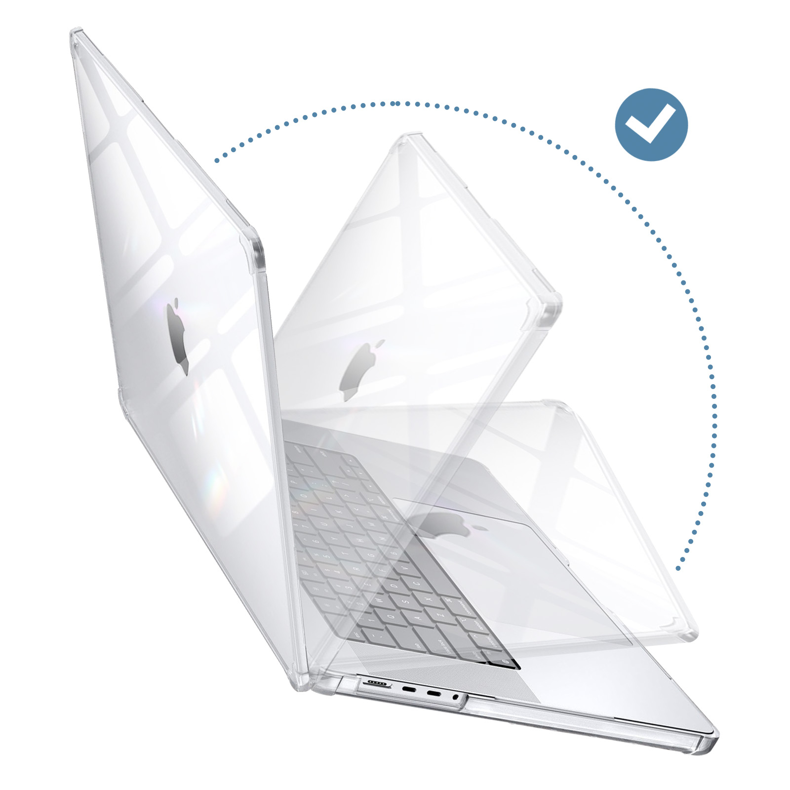 Portátil con una funda transparente, mostrando el proceso de apertura. Una marca de verificación azul indica finalización.