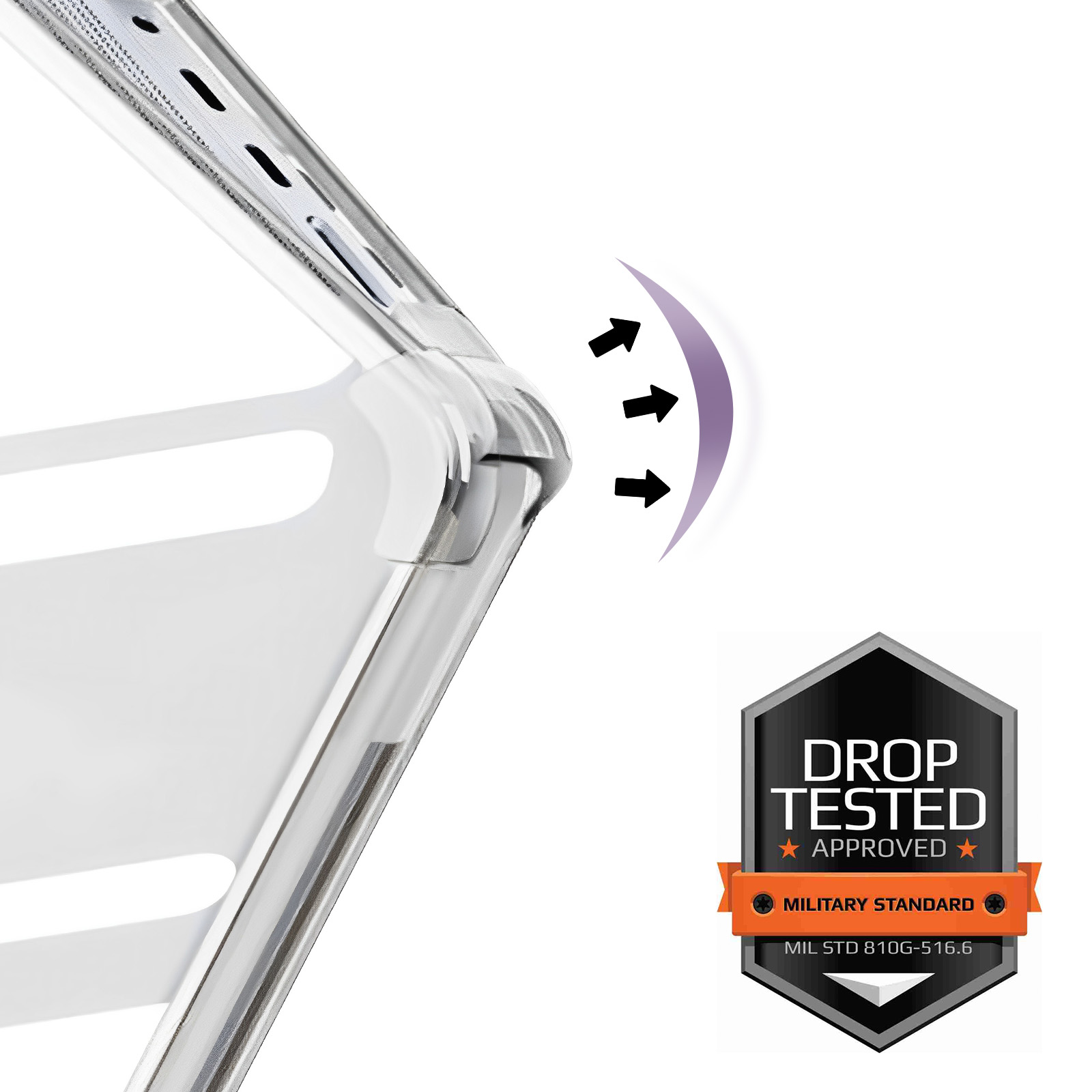 Primer plano de una funda transparente para teléfono con una flecha y texto que indica prueba de caída.