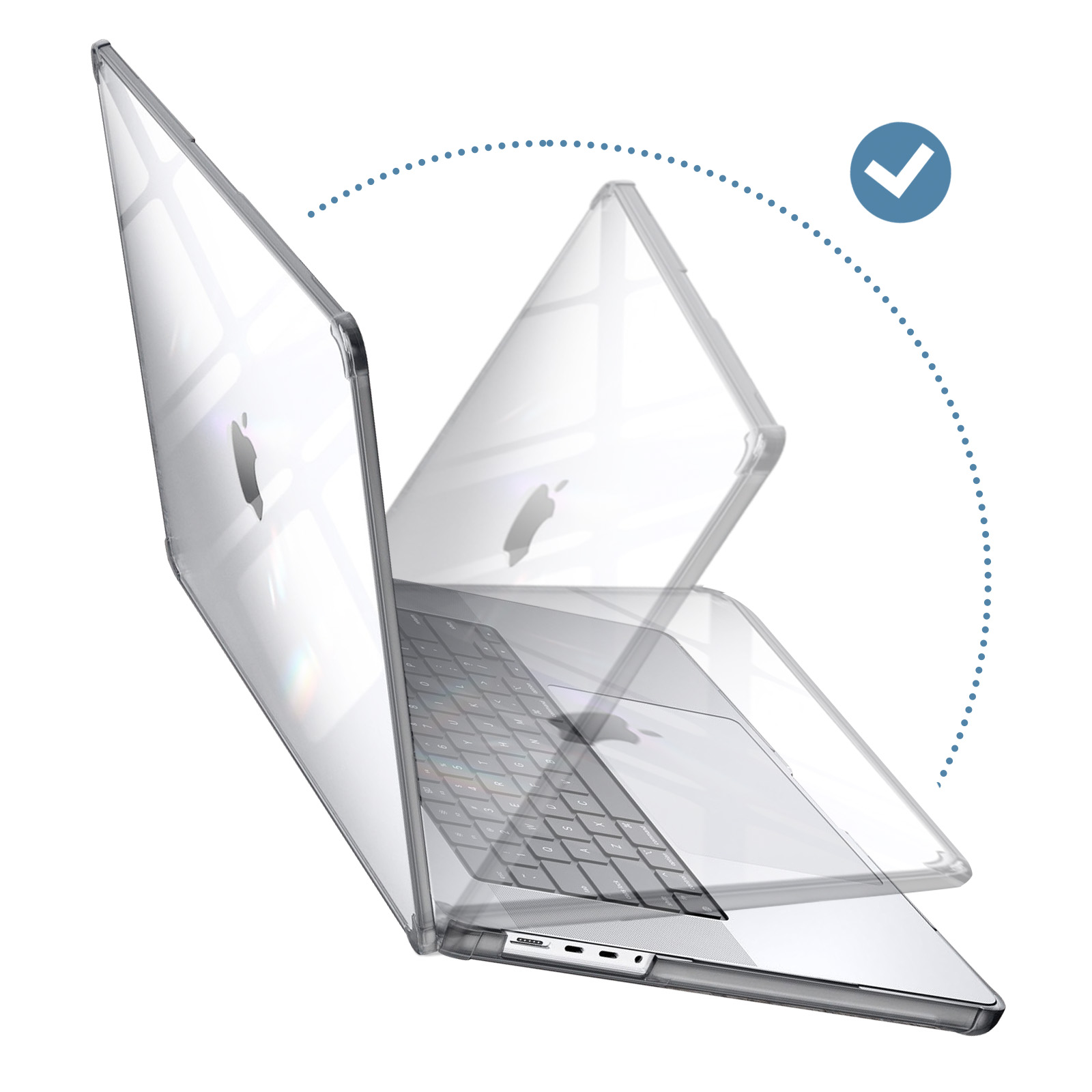 Laptop con custodia trasparente, che mostra il processo di apertura. Un segno di spunta blu indica il completamento.