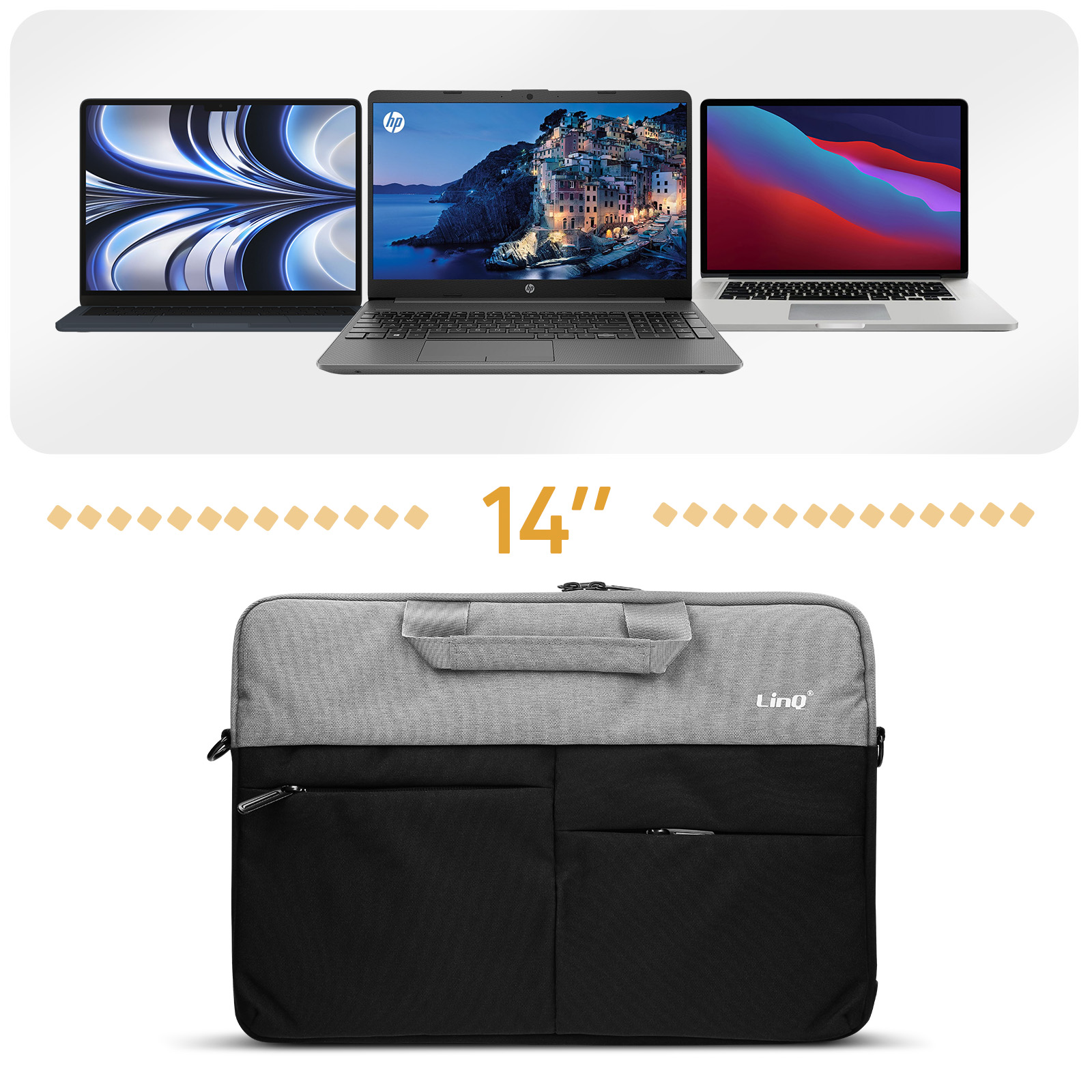 Sac pour ordinateur portable de 14 pouces avec écran d'ordinateur portable. Noir et gris.