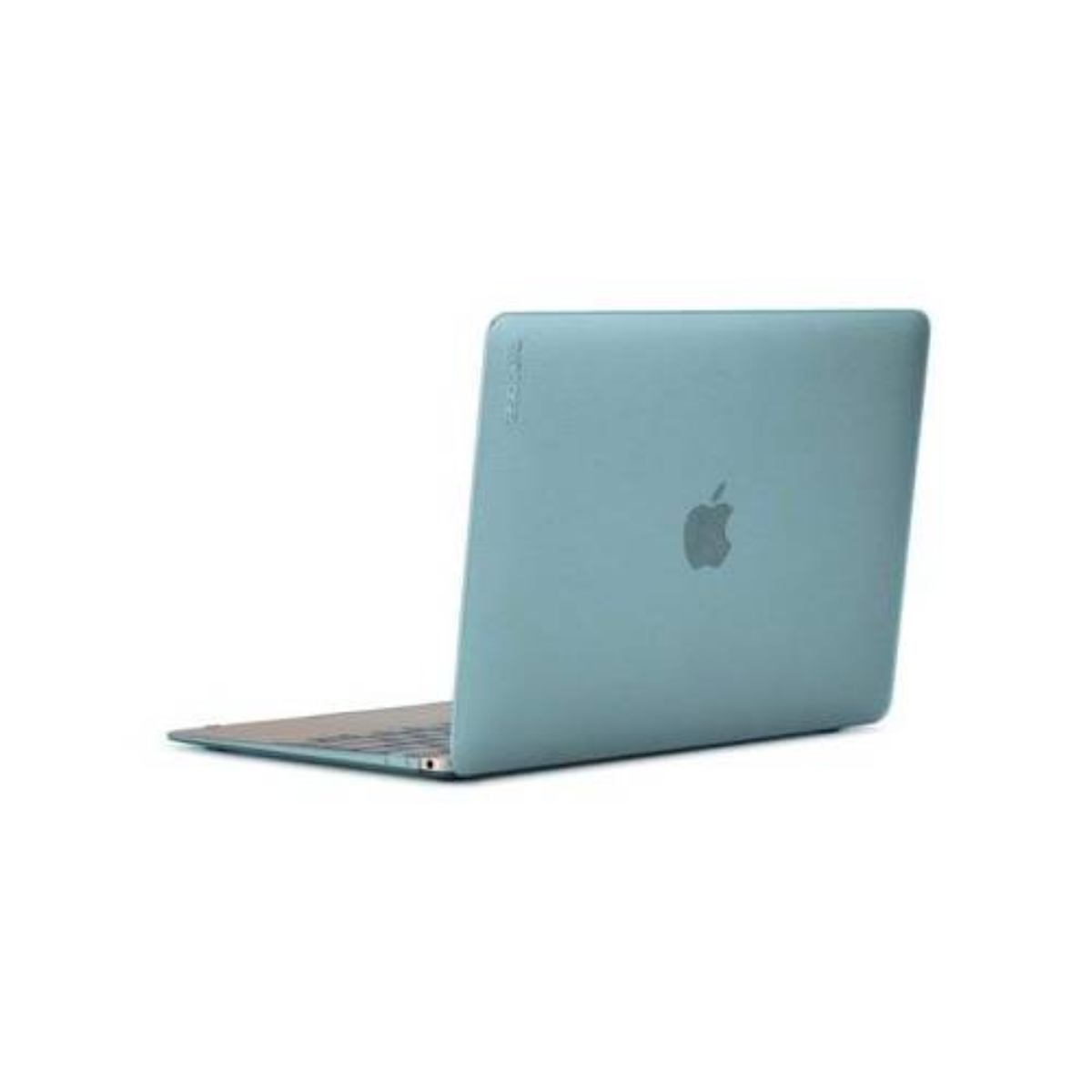 Un laptop blu con un logo Apple sopra. Il laptop è chiuso. Lo sfondo è bianco.
