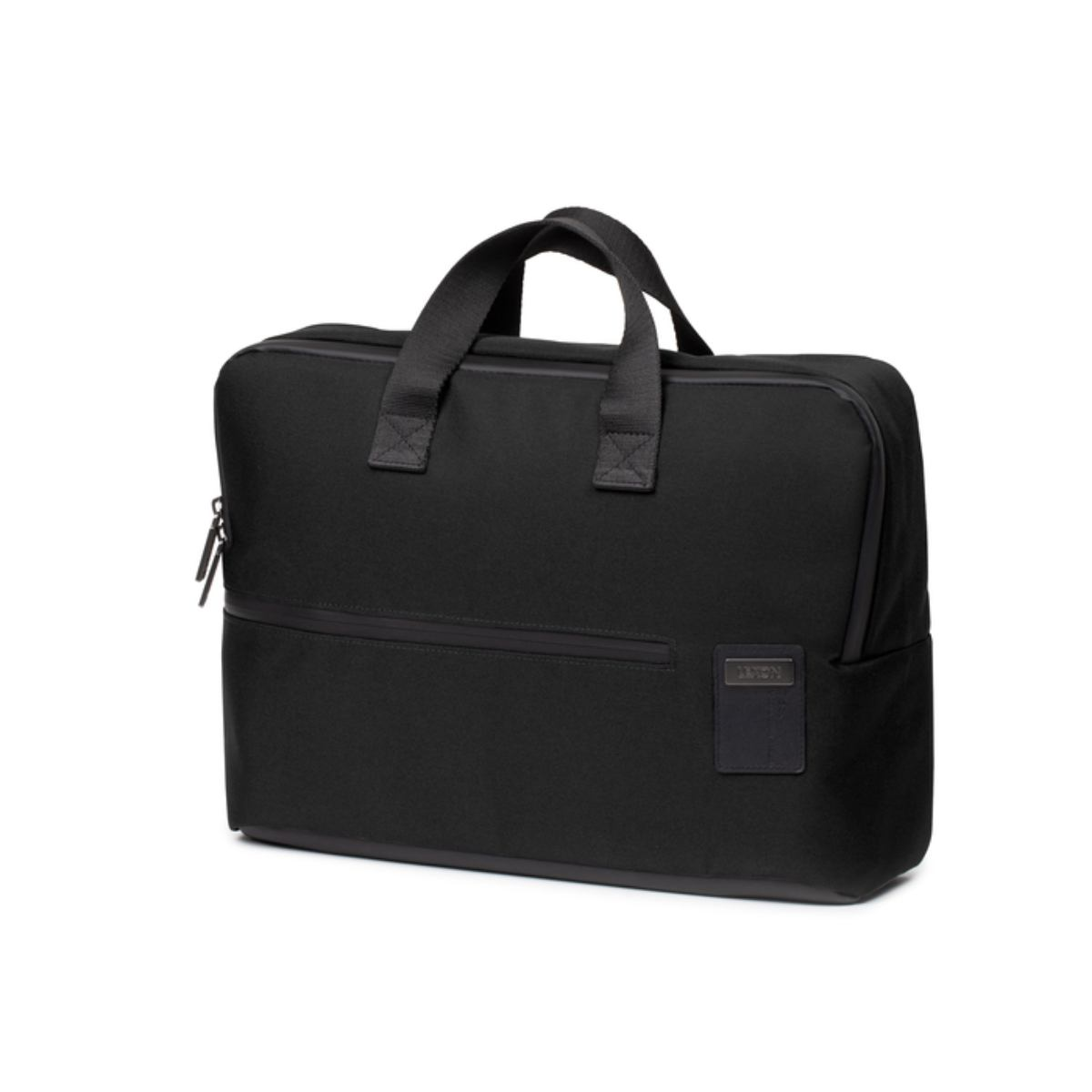 Schwarze Laptoptasche mit Griff, Reißverschluss und kleinem Etikett.