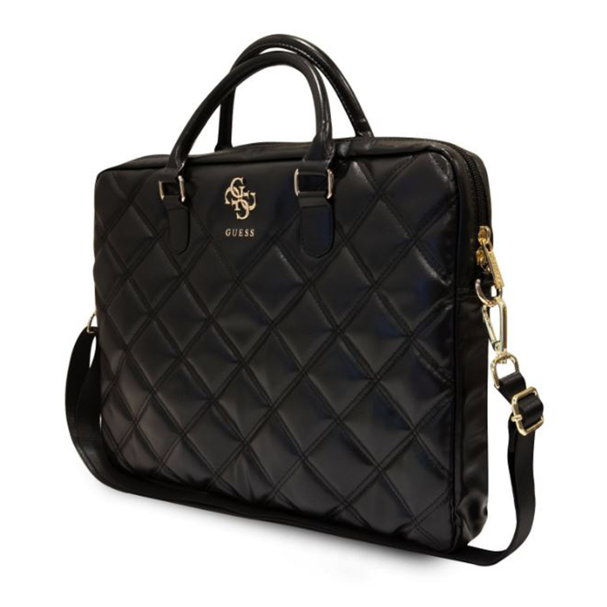 Schwarze Guess Laptop-Tasche mit Rautenmuster. Goldenes GUESS-Logo und goldfarbene Hardware.