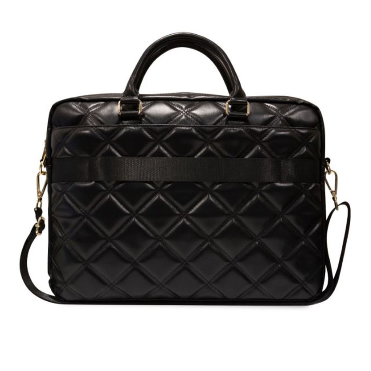 Schwarze Laptop-Ledertasche mit Schulterriemen. Rautenmuster auf der Oberfläche.