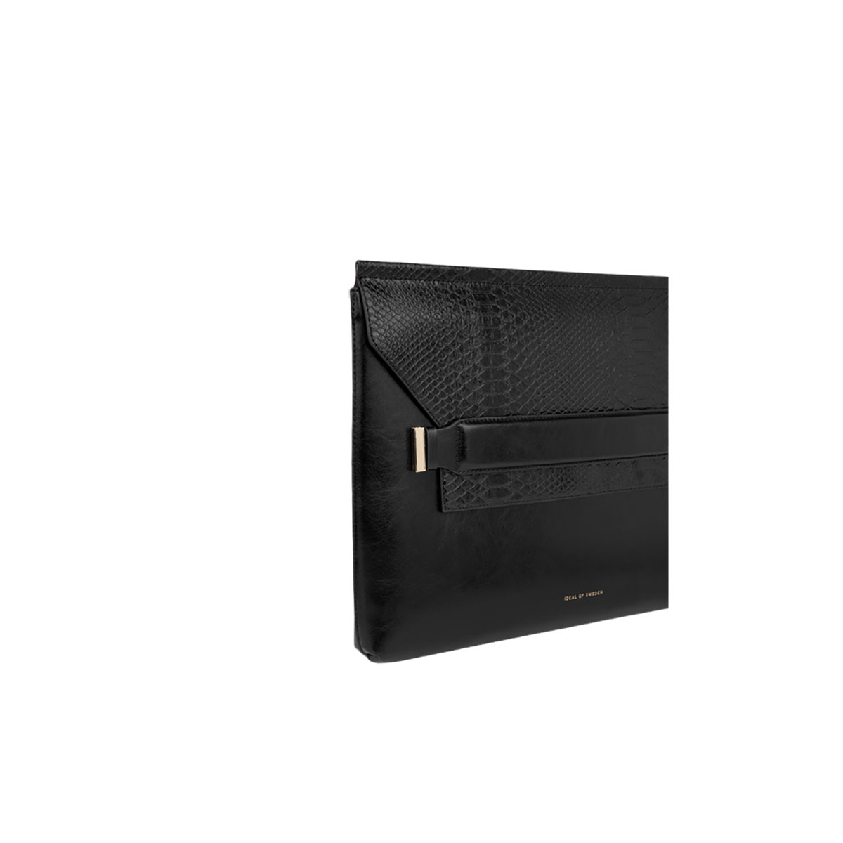 Schwarze Laptoptasche. Lederähnlich, mit strukturiertem Muster und Klappenverschluss. Goldfarbene Schnalle.