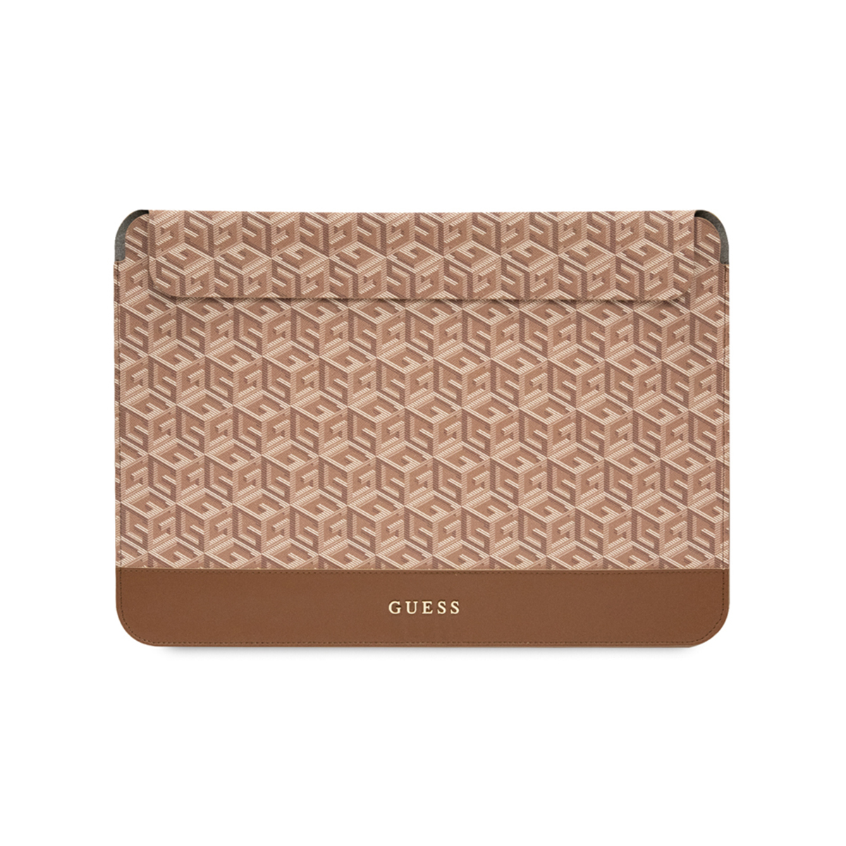 Custodia per laptop Guess marrone con motivo a logo ripetuto e base marrone.