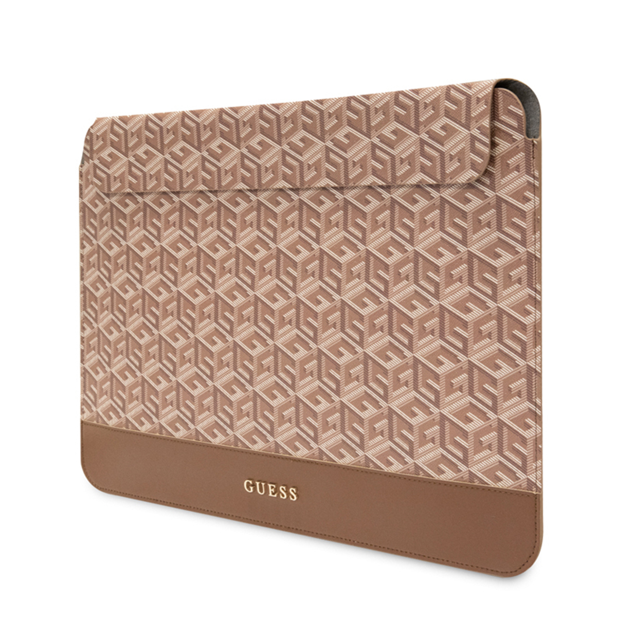 Custodia per laptop con logo GUESS. La custodia ha un motivo marrone e beige.