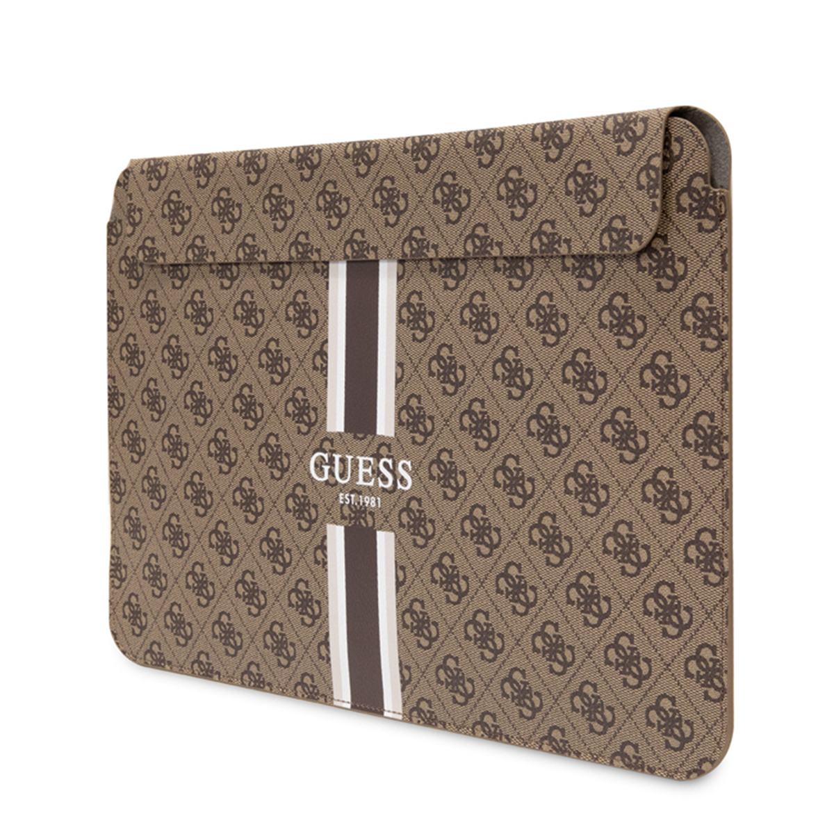 Custodia per laptop con esterno marrone fantasia e strisce bianche. Logo GUESS.