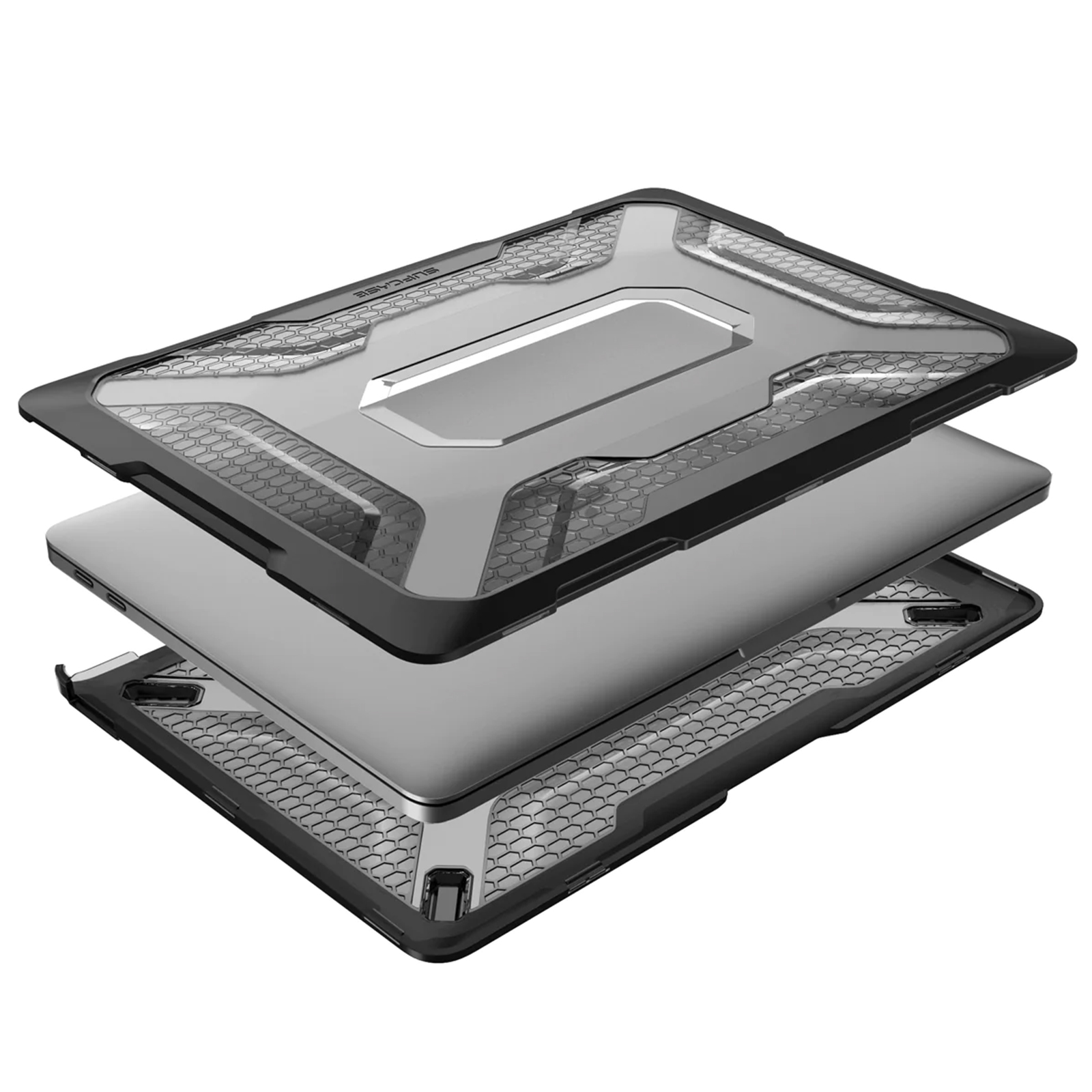 Custodia per laptop nera con parte superiore trasparente. Sfondo bianco.