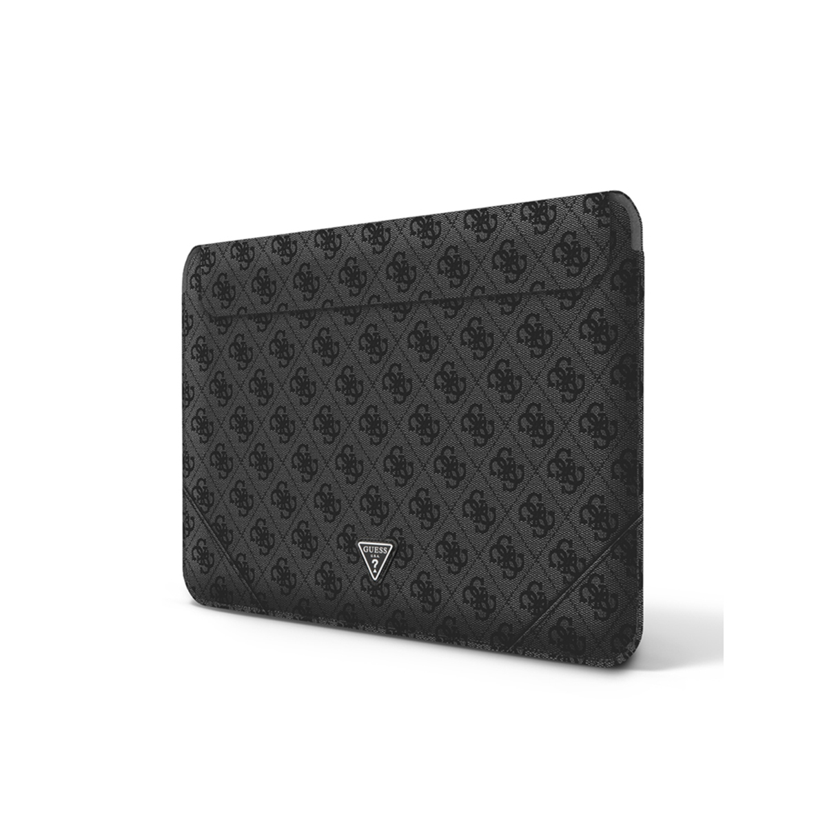 Housse d'ordinateur portable Guess noire avec motif logo sur fond blanc.