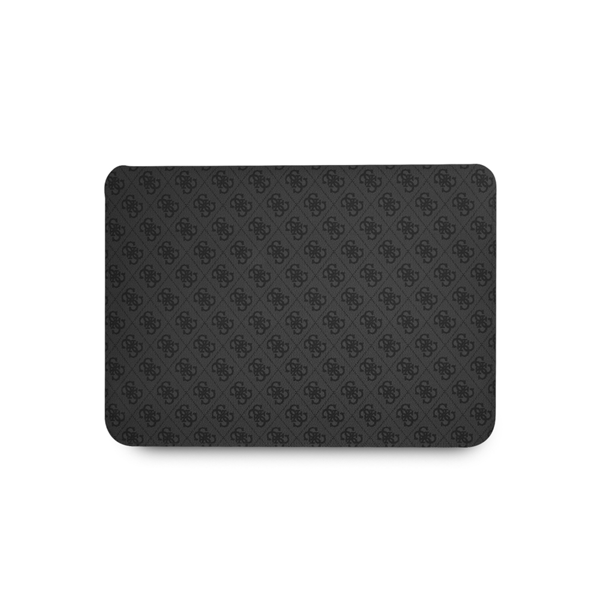 Housse noire pour ordinateur portable avec motif répétitif sur fond blanc.