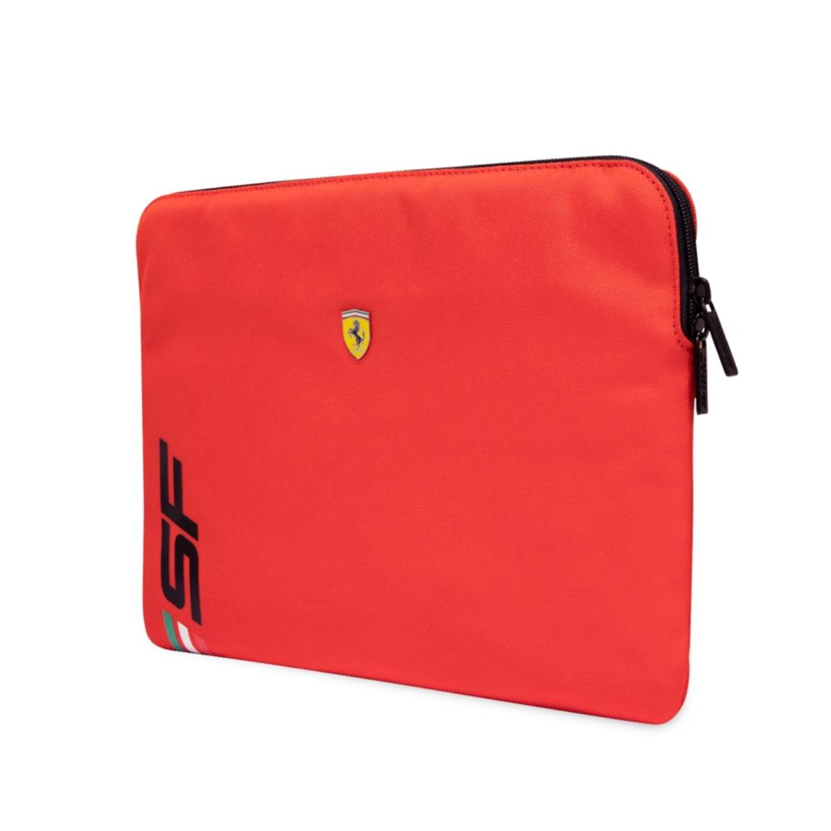 Bolsa roja para portátil Ferrari con cremallera negra y logotipo en la parte delantera. Logotipo SF negro en el lateral.