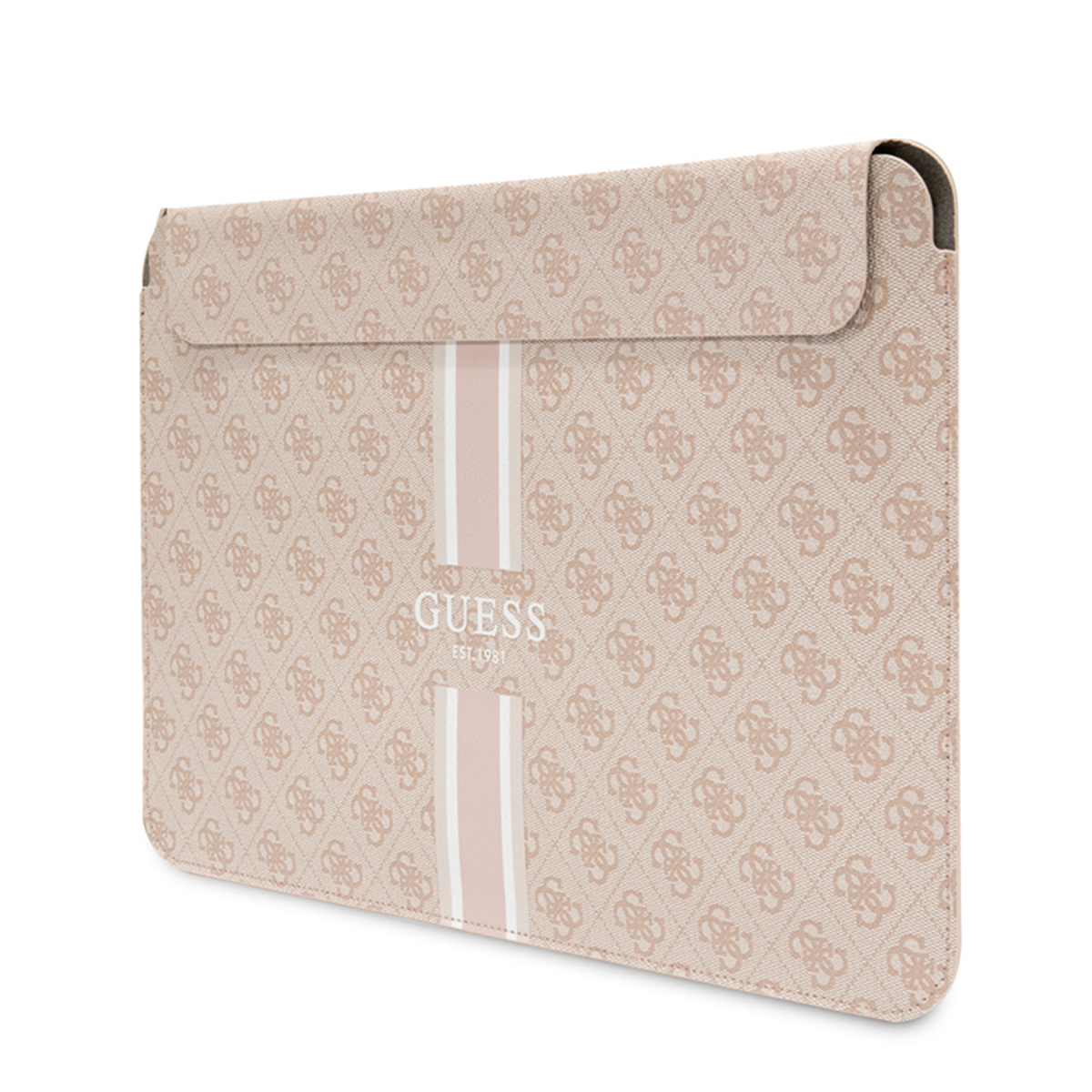 Custodia beige per laptop con motivo logo Guess e una striscia bianca.