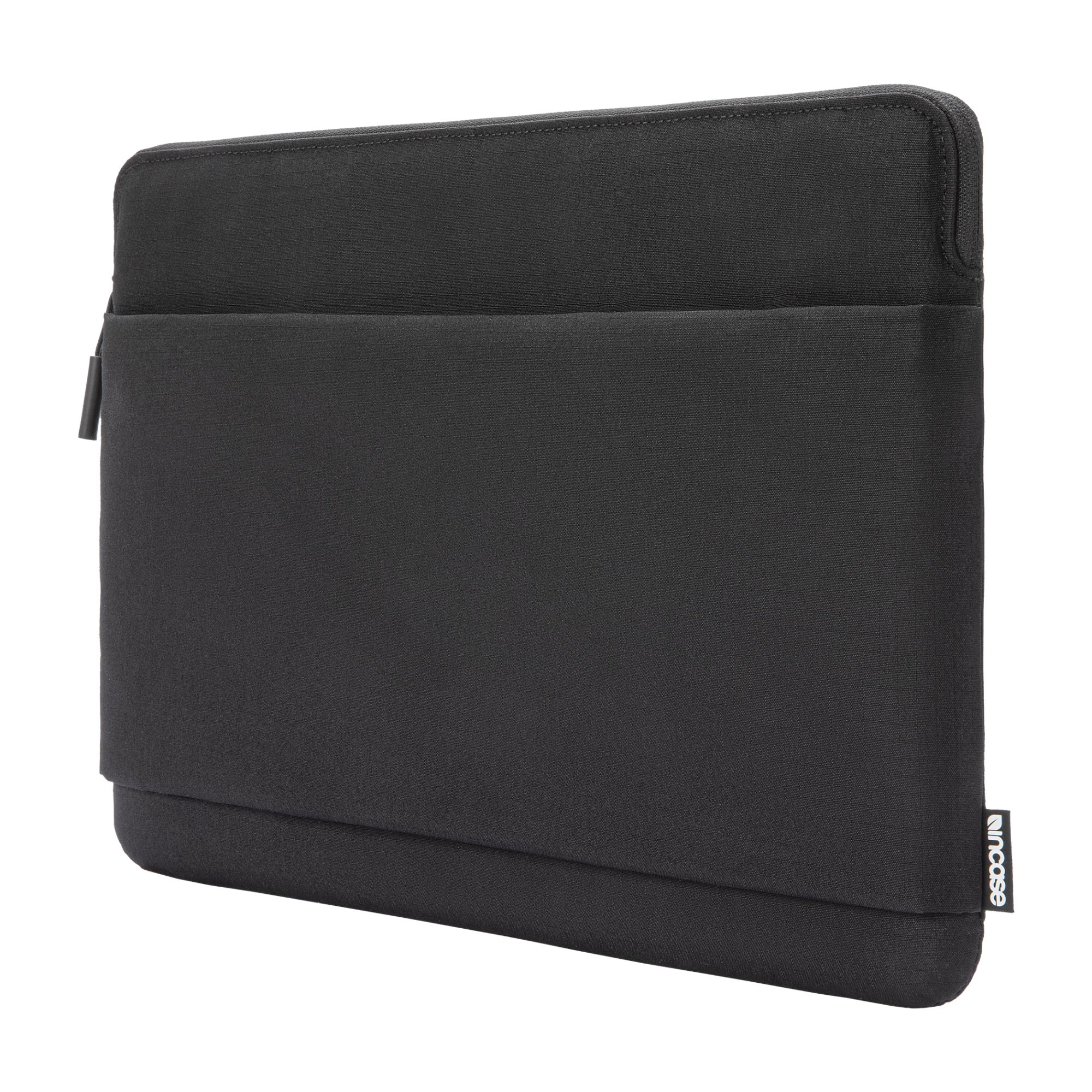 Custodia nera per laptop con cerniera e tasca. Design semplice.