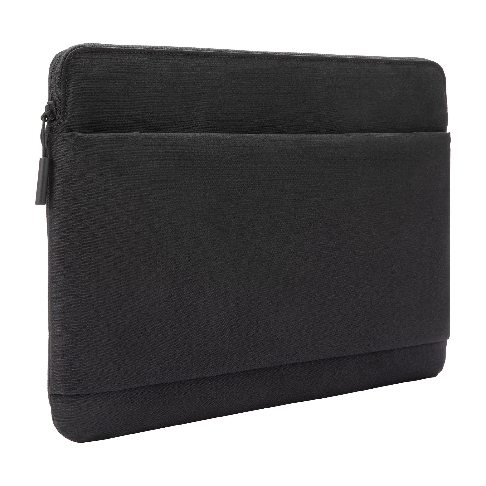 Custodia nera per laptop. La custodia ha una cerniera e una tasca frontale.