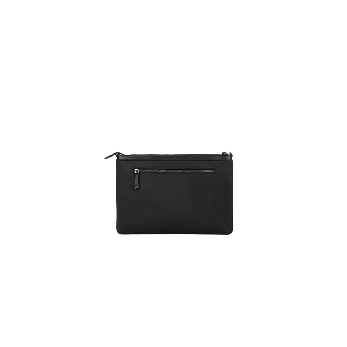 Schwarze Laptoptasche mit Reißverschluss. Es ist ein einfaches Design mit schlichtem Stil.