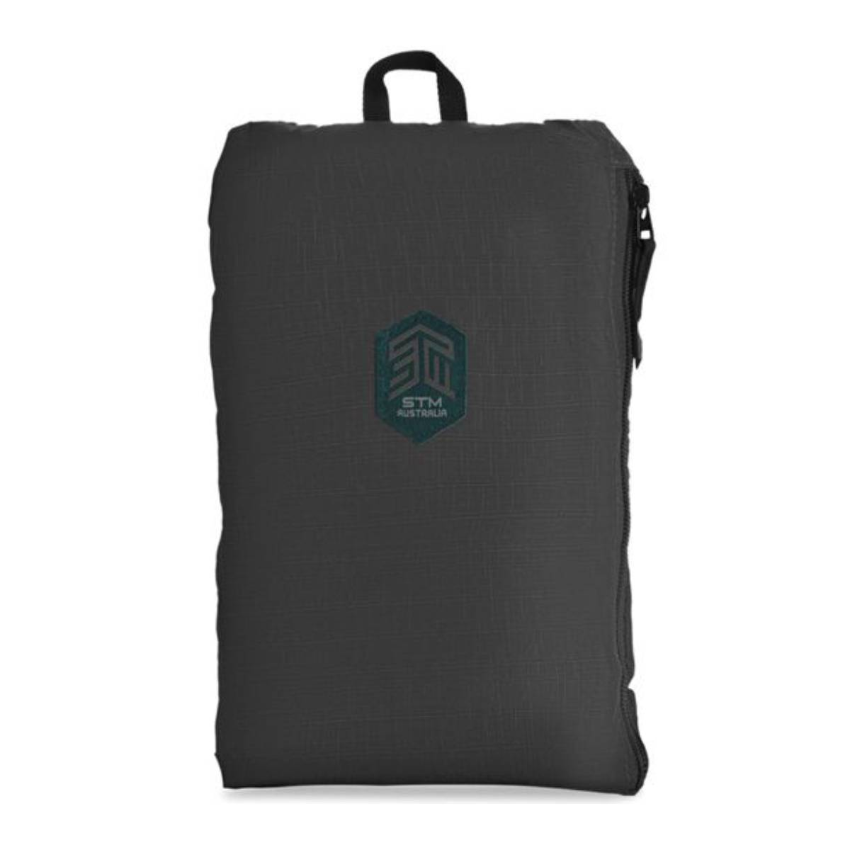 Zaino nero per laptop. Logo STM Australia verde. Con cerniera.