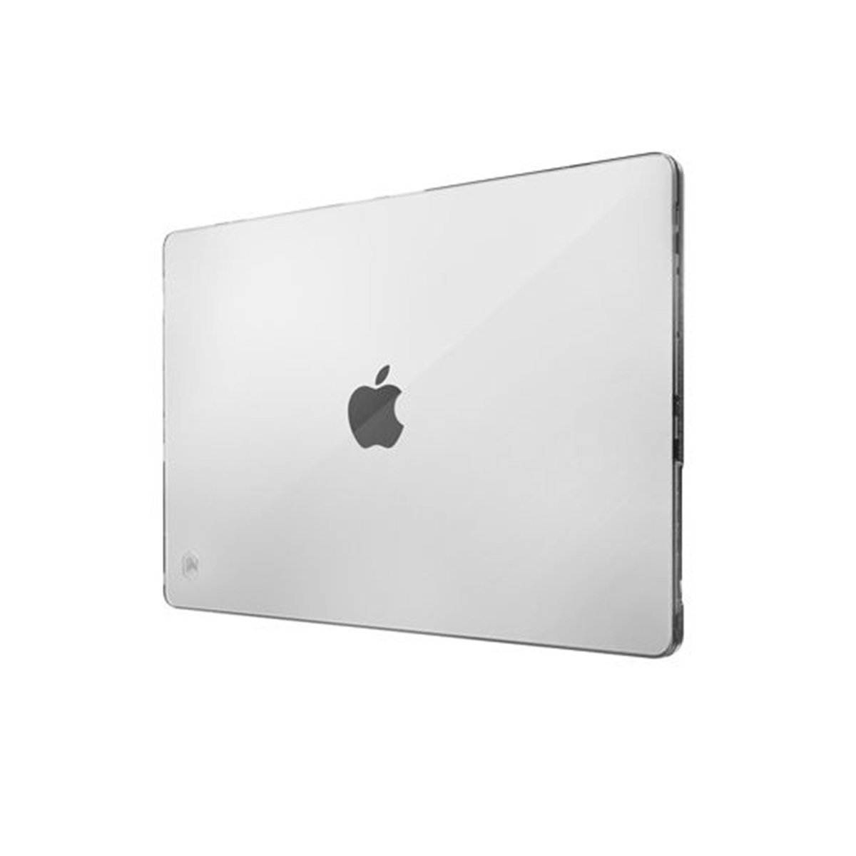 Silberne Laptop-Hülle mit schwarzem Apple-Logo. Schwarzer Rand, weißer Hintergrund.
