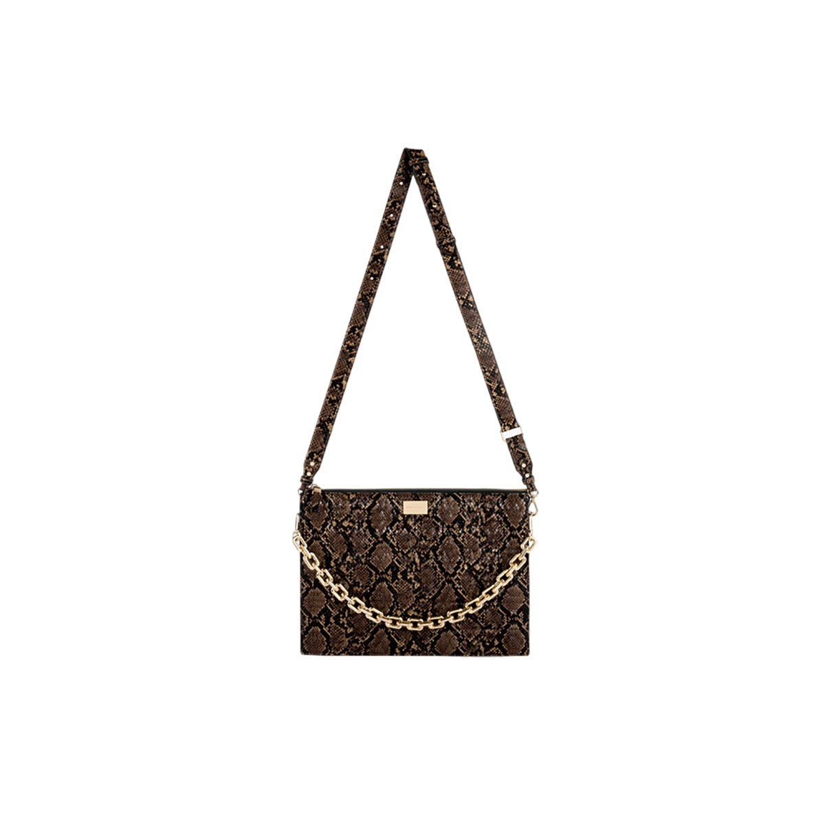 Borsa con stampa serpente con tracolla a catena. Catena dorata e borsa marrone scuro.