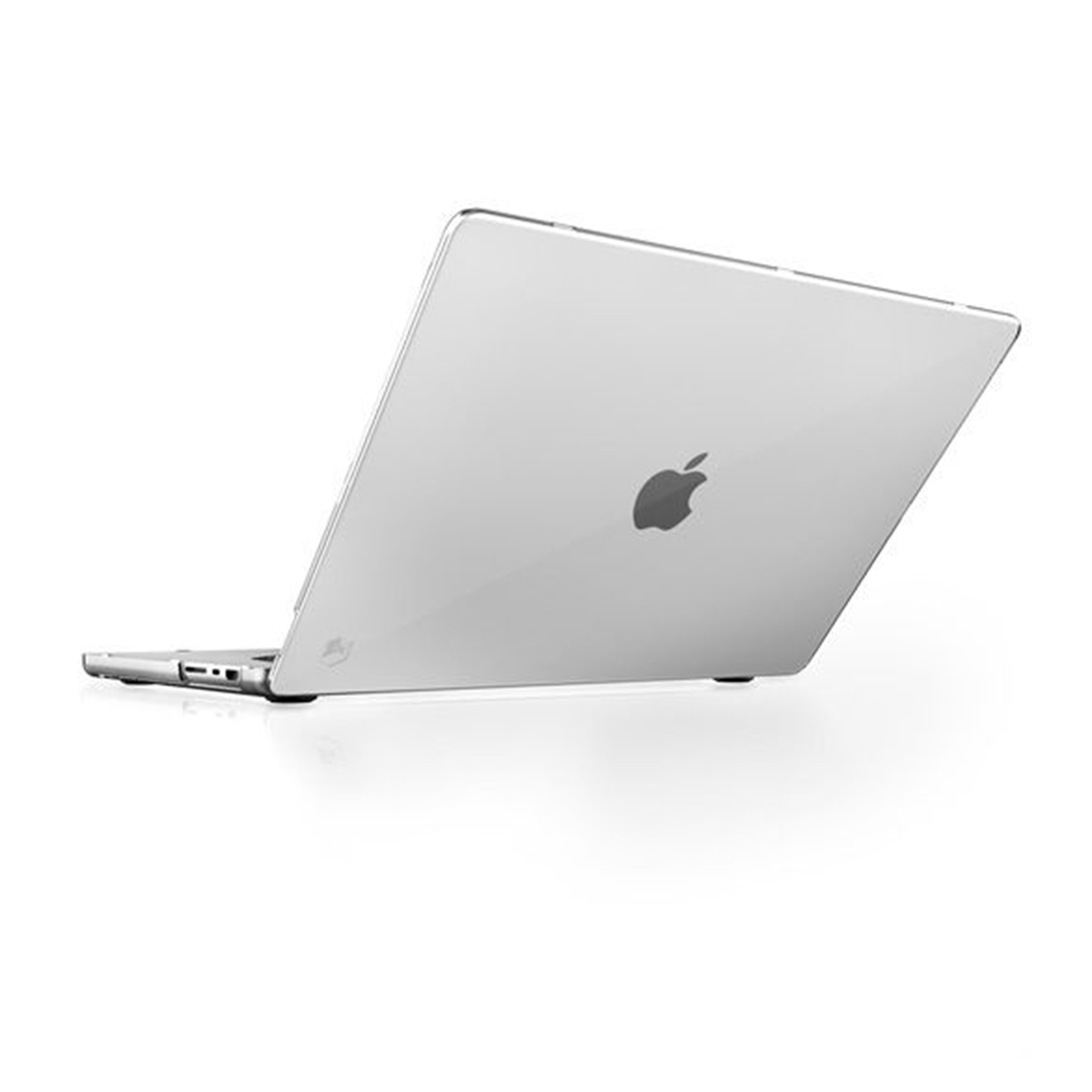 Silberner Laptop. Das Apple-Logo ist sichtbar. Der Hintergrund ist weiß.