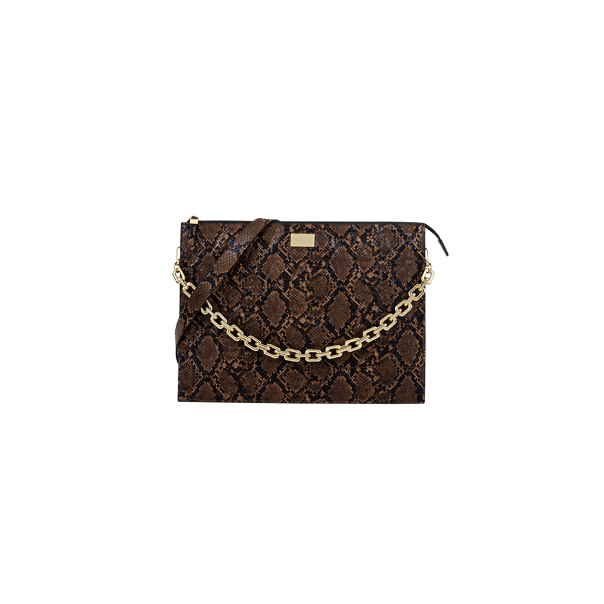 Braune Laptop-Tasche im Schlangenleder-Look mit goldener Kette und goldenem Logo. Weißer Hintergrund.