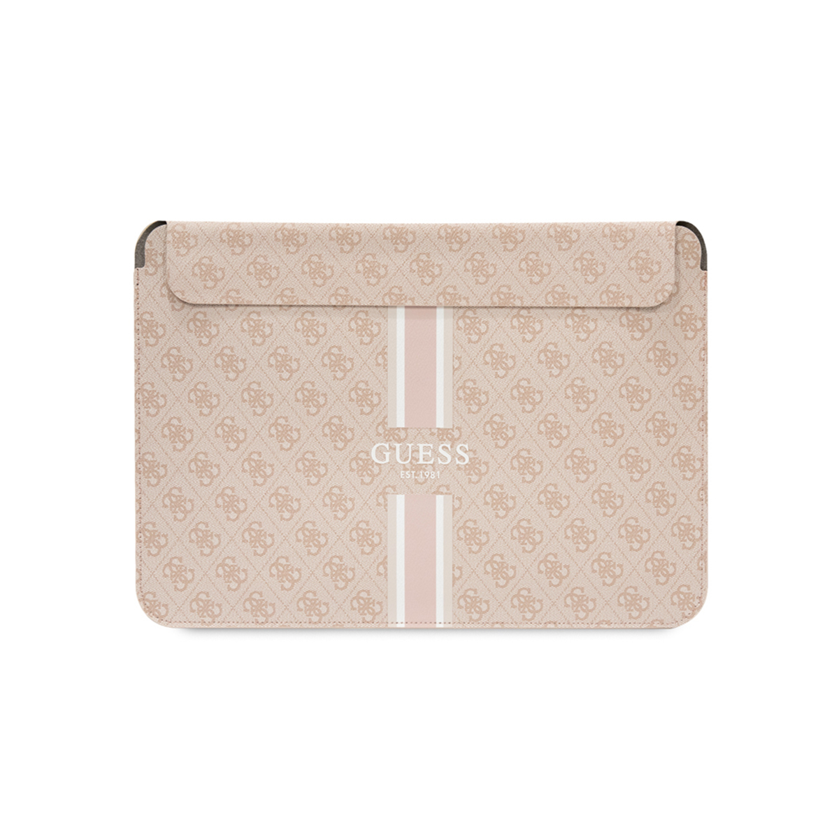 Custodia per laptop Guess beige con motivo logo e strisce rosa. Chiusura a patta.