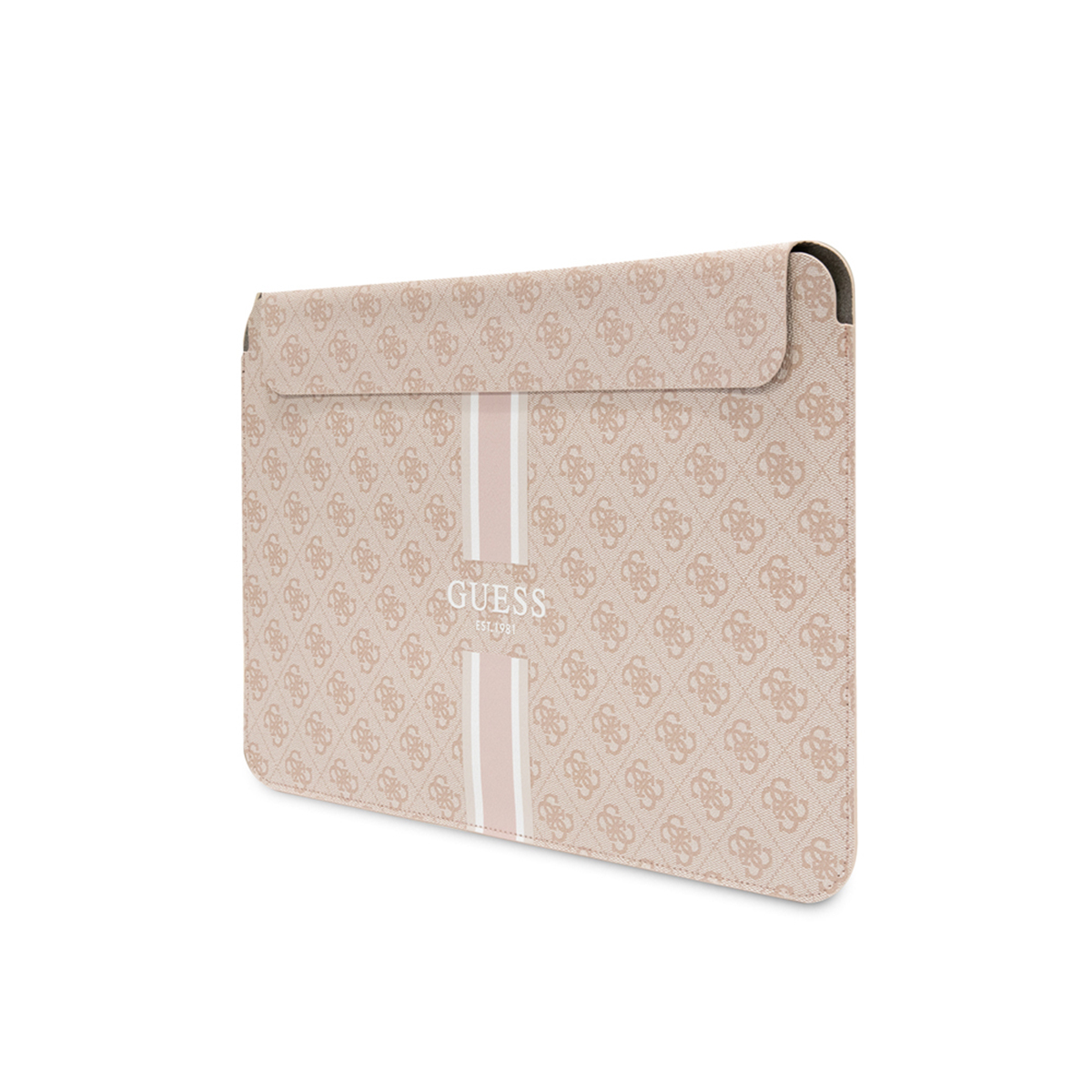 Custodia per laptop beige con motivo logo GUESS e strisce, angolata, su sfondo bianco.