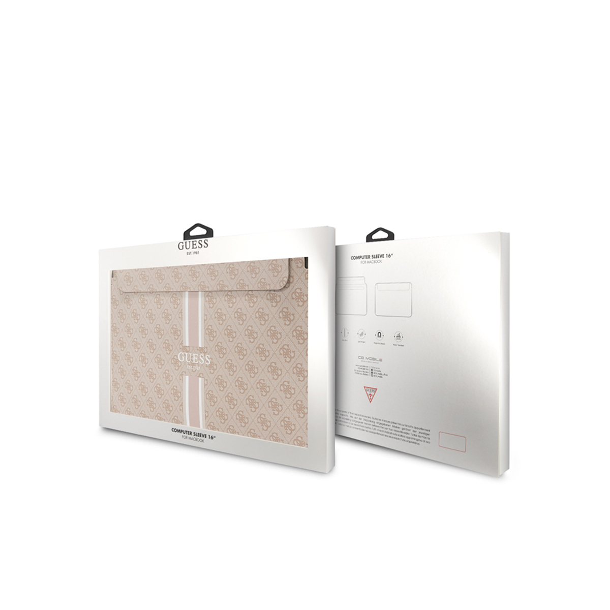 Confezione della custodia per laptop Guess. Beige con motivo logo. Sfondo bianco.