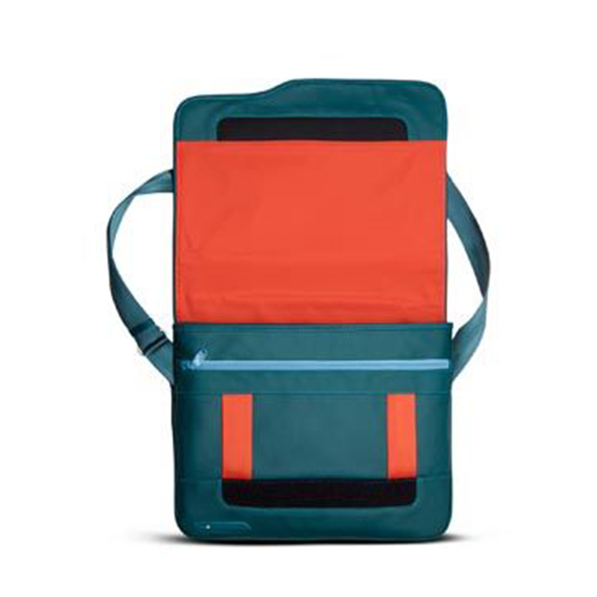 Sac messager turquoise ouvert avec intérieur orange. Bordure noire et bandoulière turquoise.