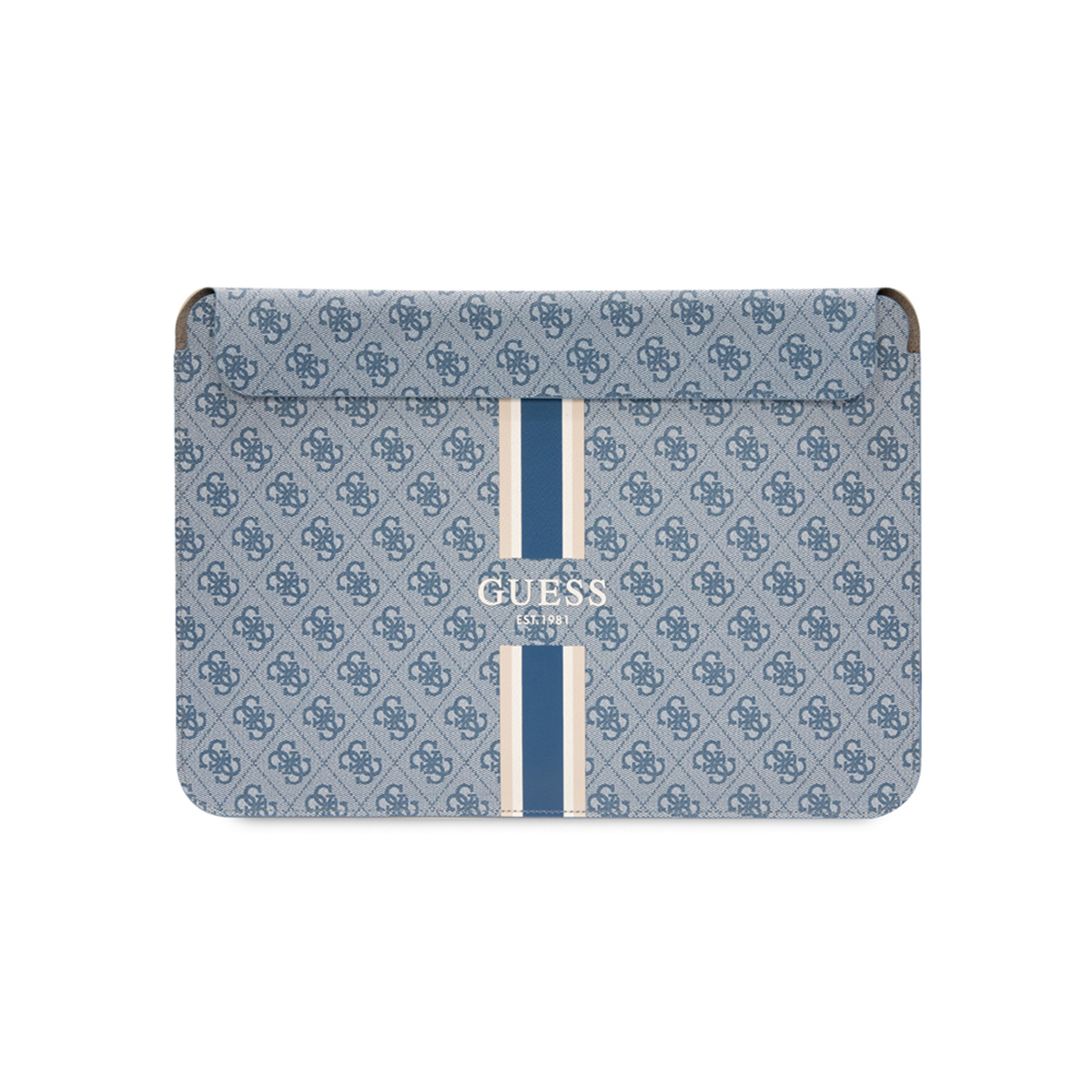 Custodia per laptop Guess blu, con motivo ripetuto, su sfondo bianco.