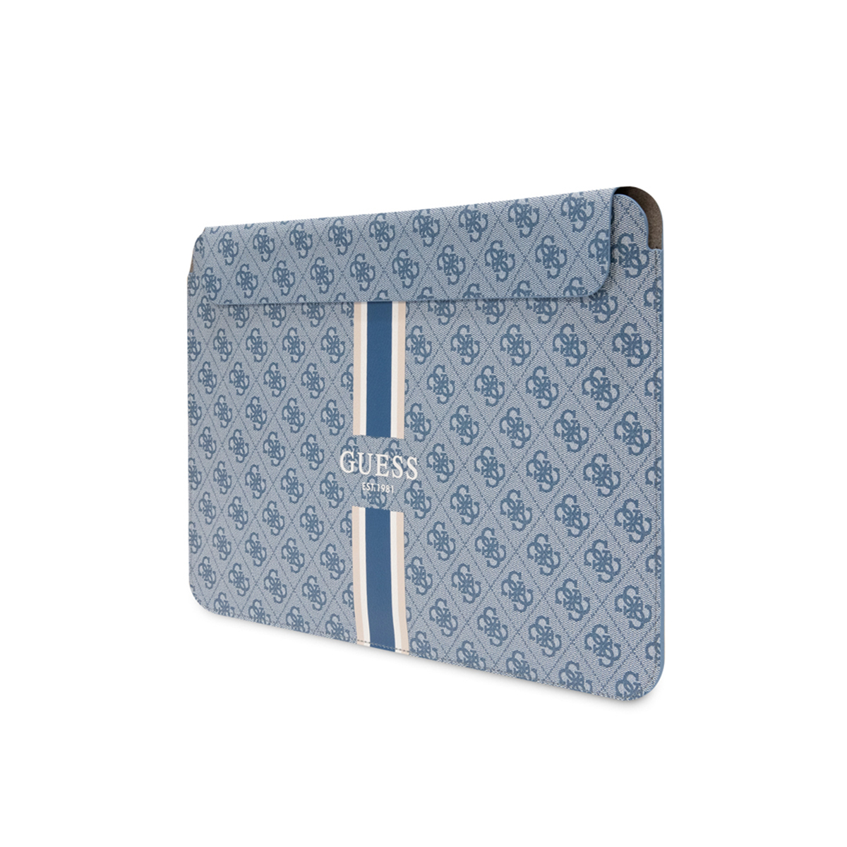 Una custodia per laptop blu a fantasia con logo Guess e una striscia verticale.